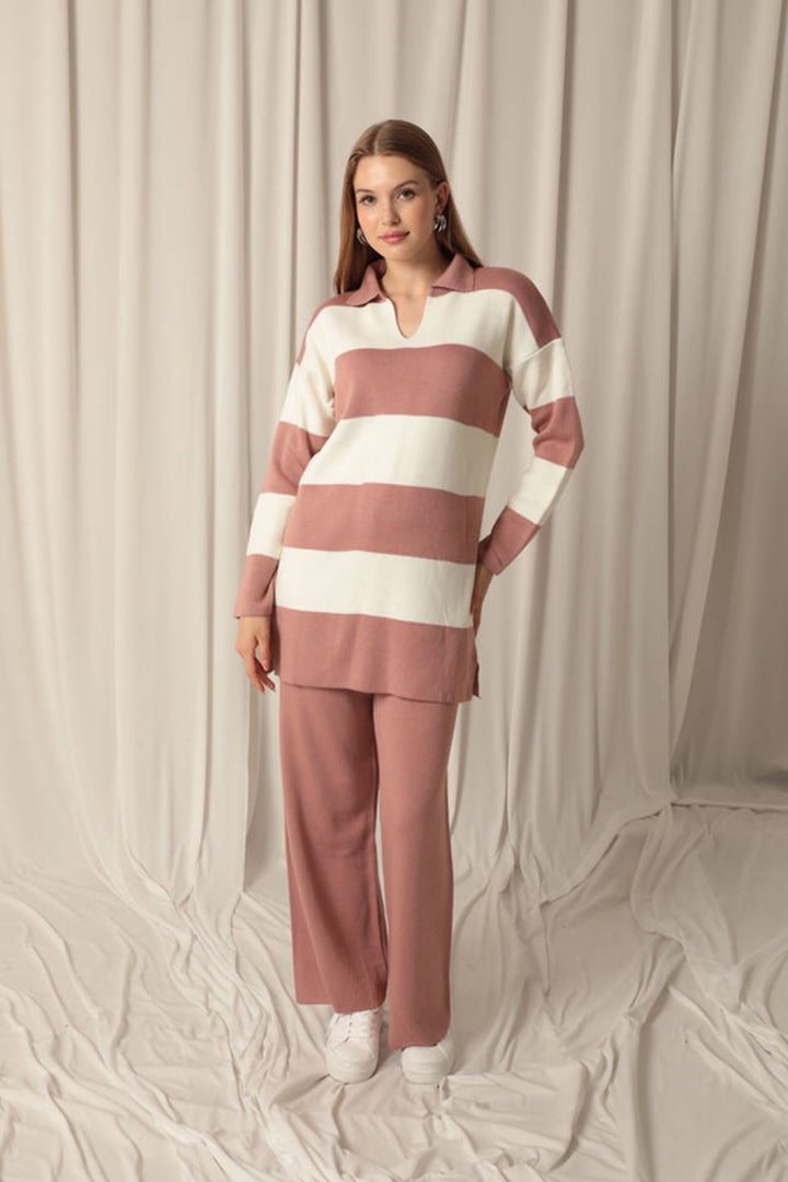 KKT Knitwear Fabric Striped Women's Dusty Rose Suit - Blue Springs