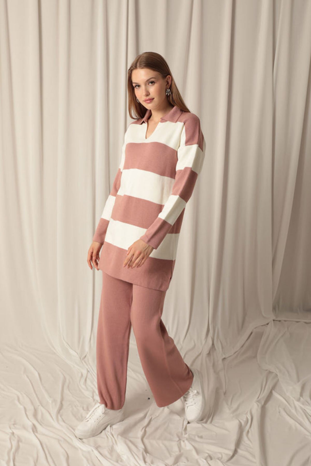 KKT Knitwear Fabric Striped Women's Dusty Rose Suit - Blue Springs