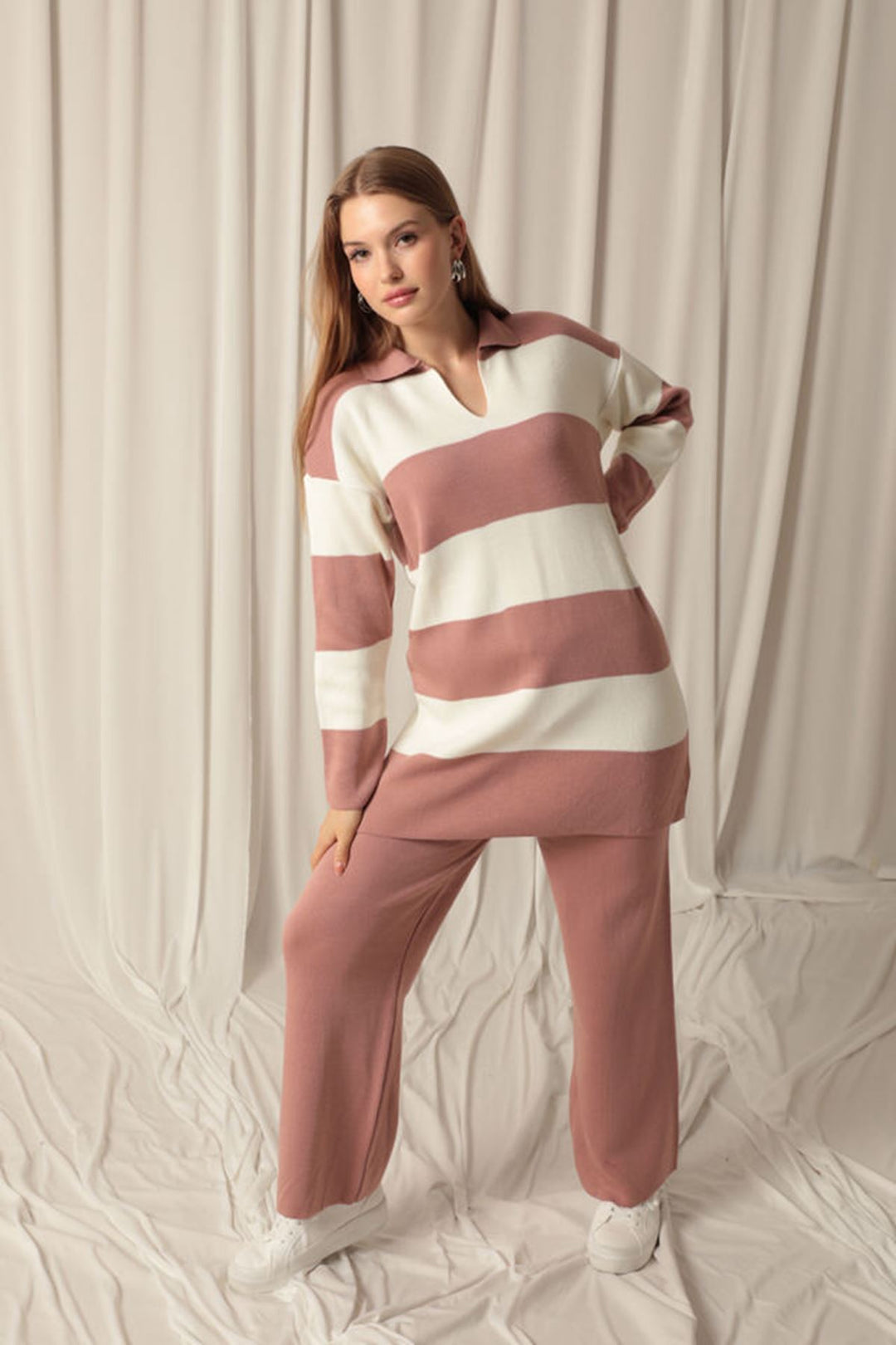 KKT Knitwear Fabric Striped Women's Dusty Rose Suit - Blue Springs