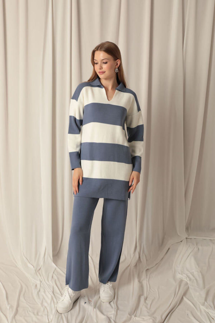 KKT Knitwear Fabric Striped Women's Indigo Suit - Houten