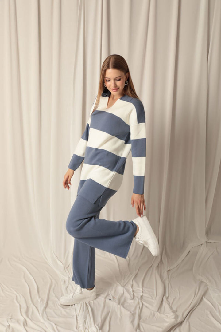 KKT Knitwear Fabric Striped Women's Indigo Suit - Houten