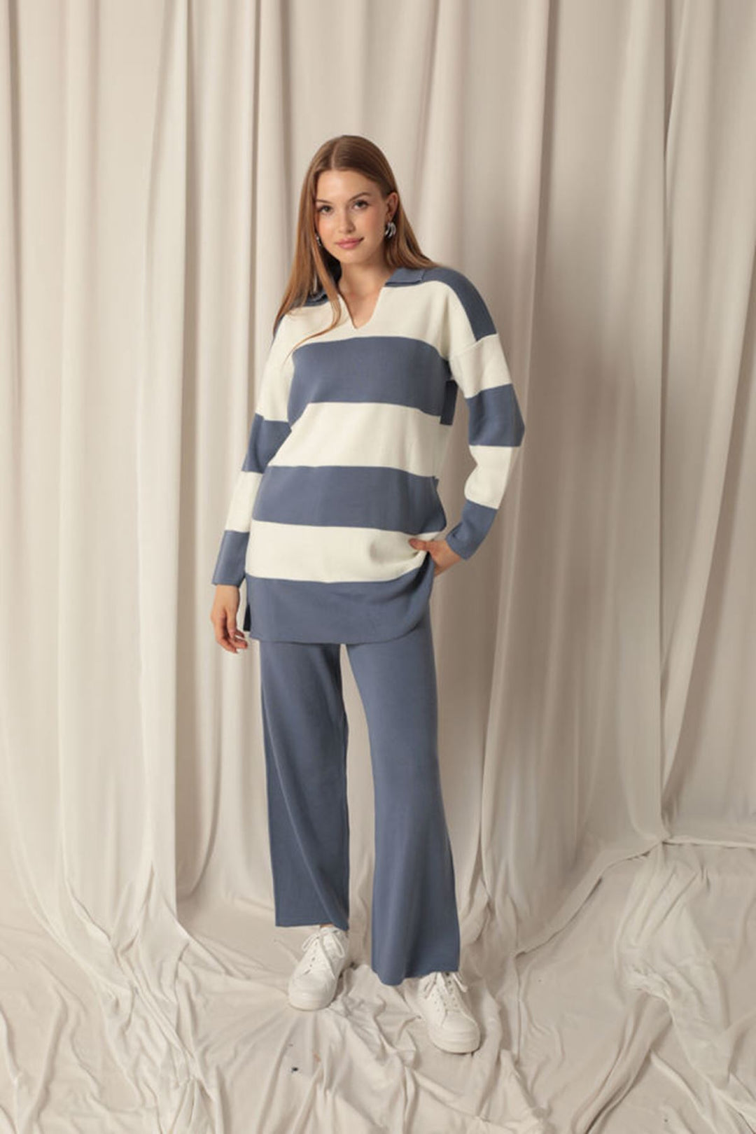 KKT Knitwear Fabric Striped Women's Indigo Suit - Houten