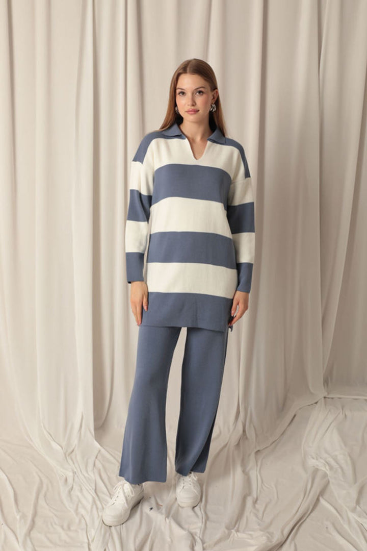 KKT Knitwear Fabric Striped Women's Indigo Suit - Houten