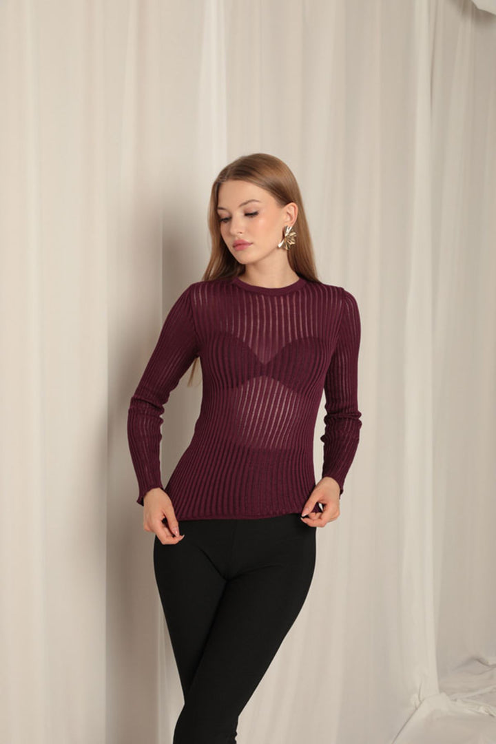 KKT Knitwear Fabric Spring Crew Neck Women's Plum Blouse - Amherst