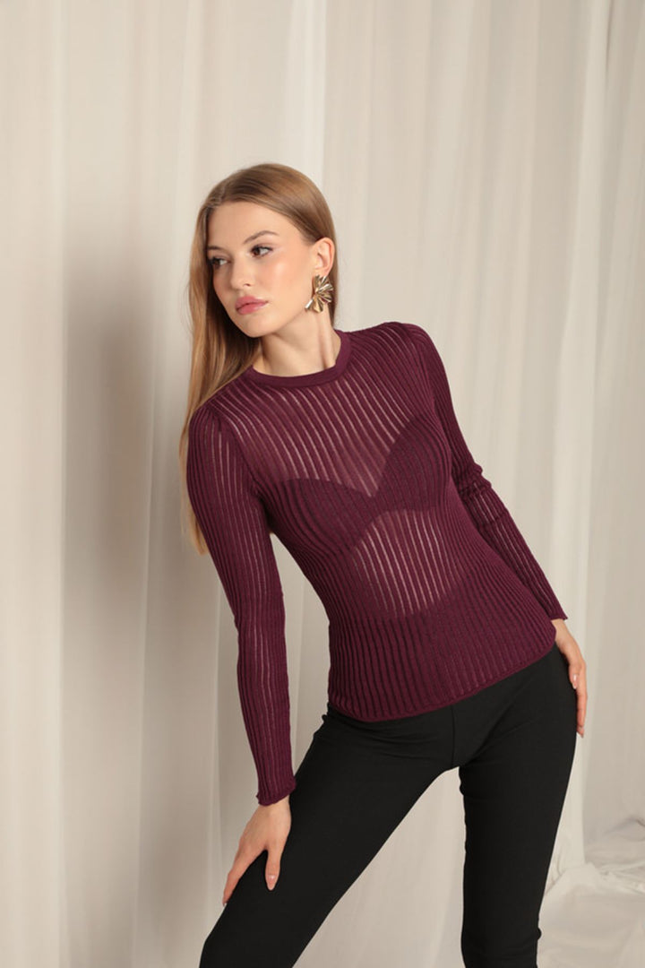 KKT Knitwear Fabric Spring Crew Neck Women's Plum Blouse - Amherst