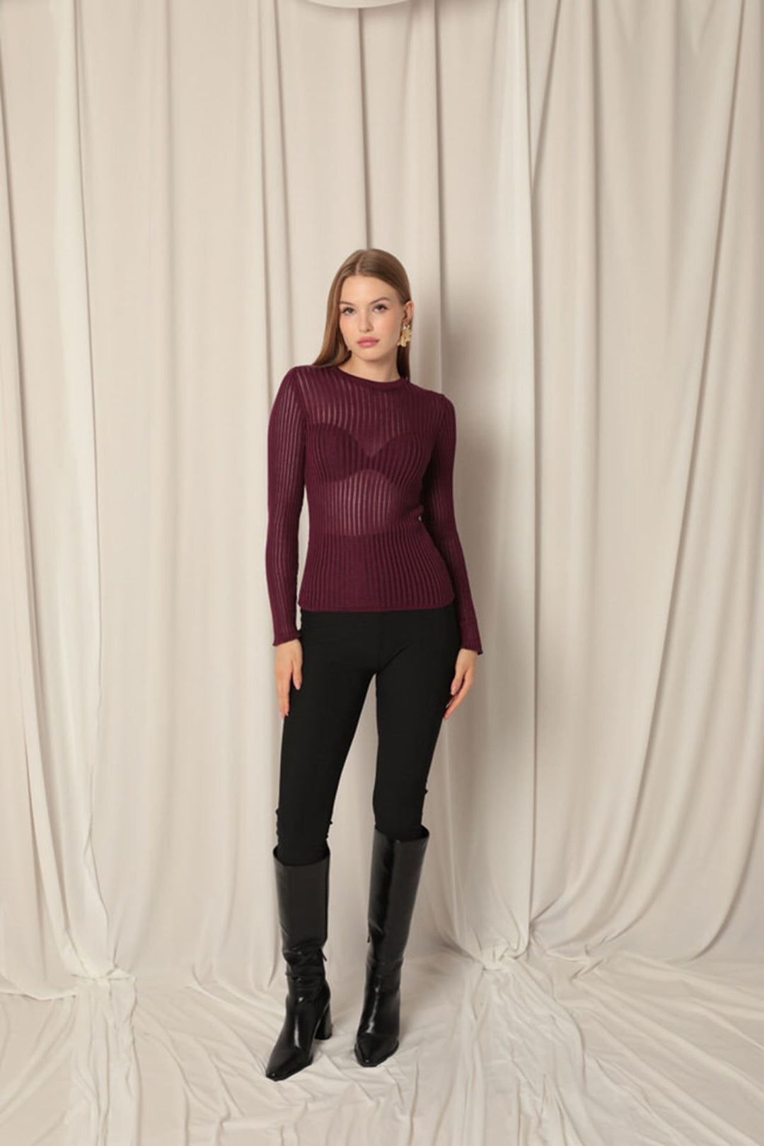 KKT Knitwear Fabric Spring Crew Neck Women's Plum Blouse - Amherst