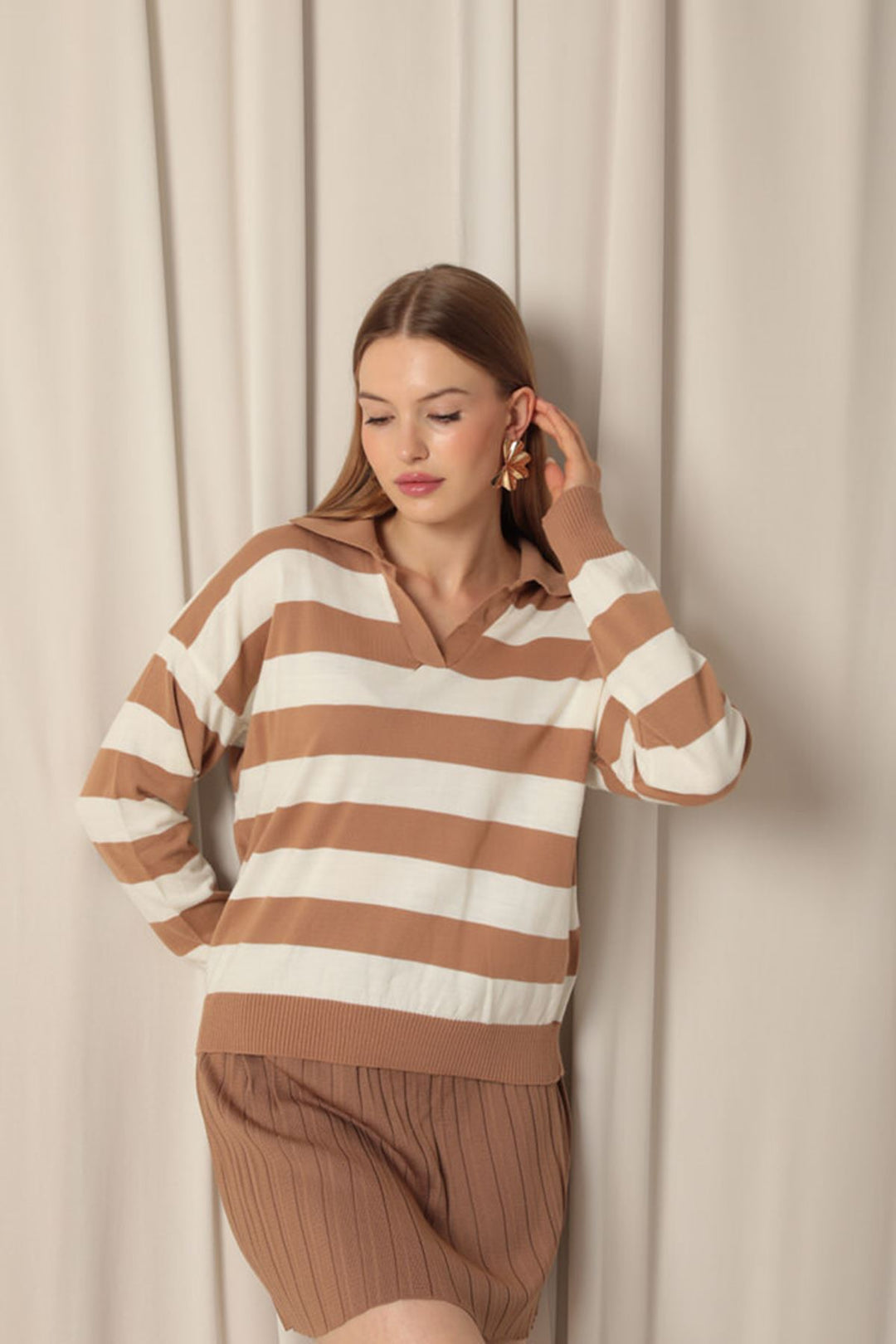 KKT Knitwear Fabric Striped Shirt Collar Women's Camel Sweater - Davenport