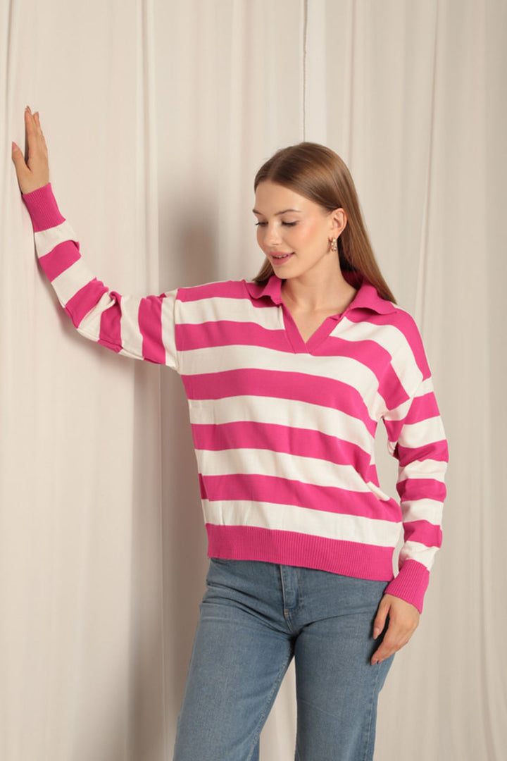 KKT Knitwear Fabric Striped Shirt Collar Women's Fuchsia Sweater - Wiesbaden