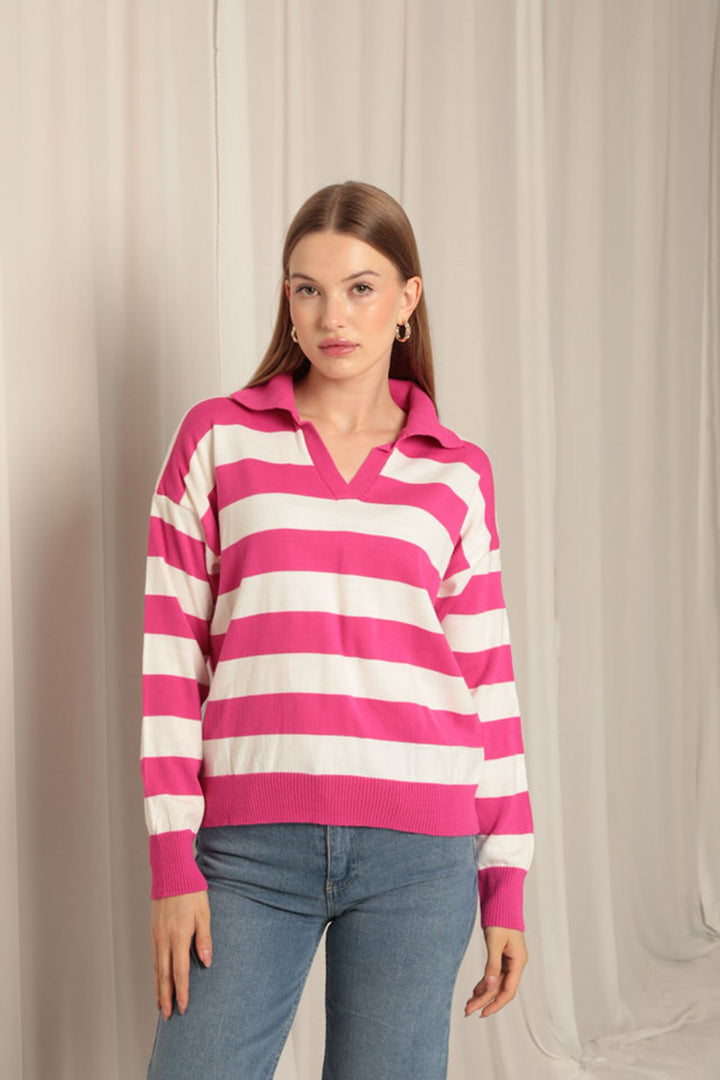 KKT Knitwear Fabric Striped Shirt Collar Women's Fuchsia Sweater - Wiesbaden