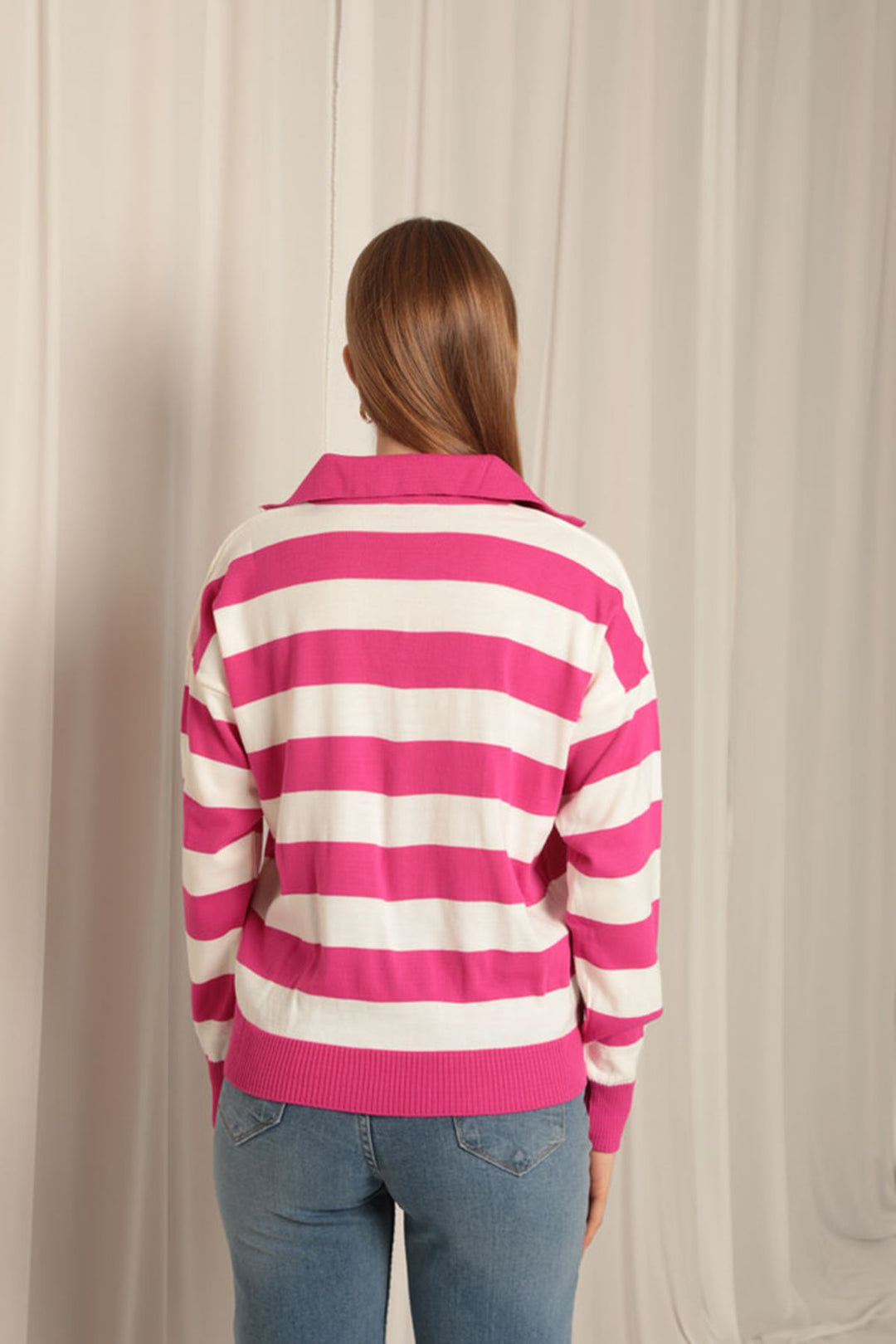 KKT Knitwear Fabric Striped Shirt Collar Women's Fuchsia Sweater - Wiesbaden