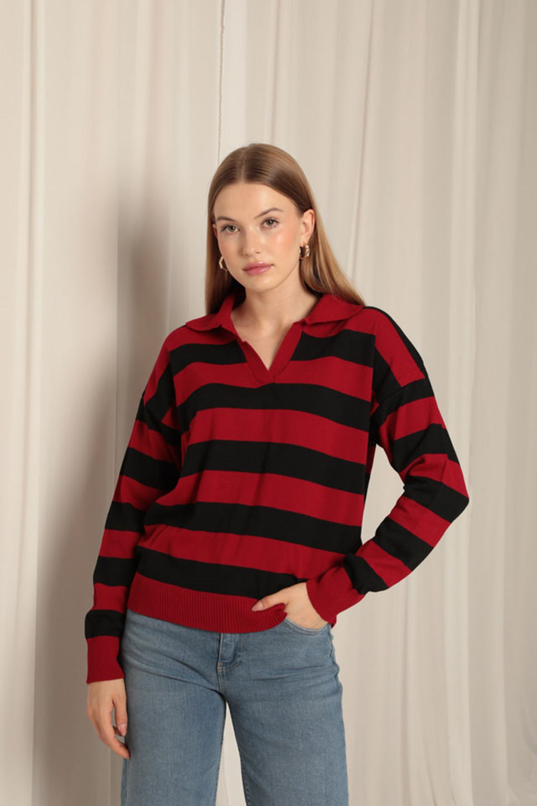 KKT Knitwear Fabric Striped Shirt Collar Women's Red Sweater - Vila Nova de Gaia