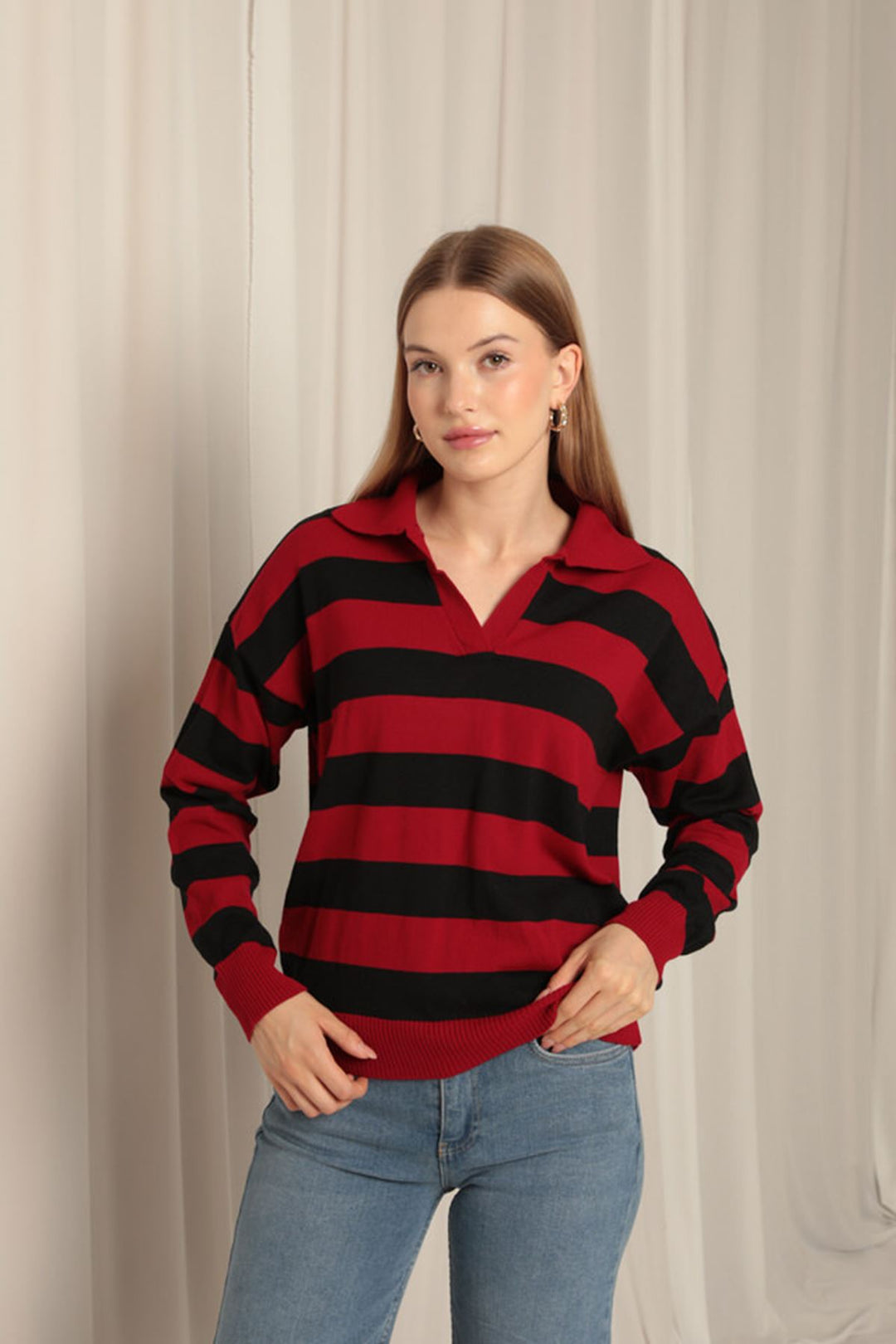 KKT Knitwear Fabric Striped Shirt Collar Women's Red Sweater - Vila Nova de Gaia