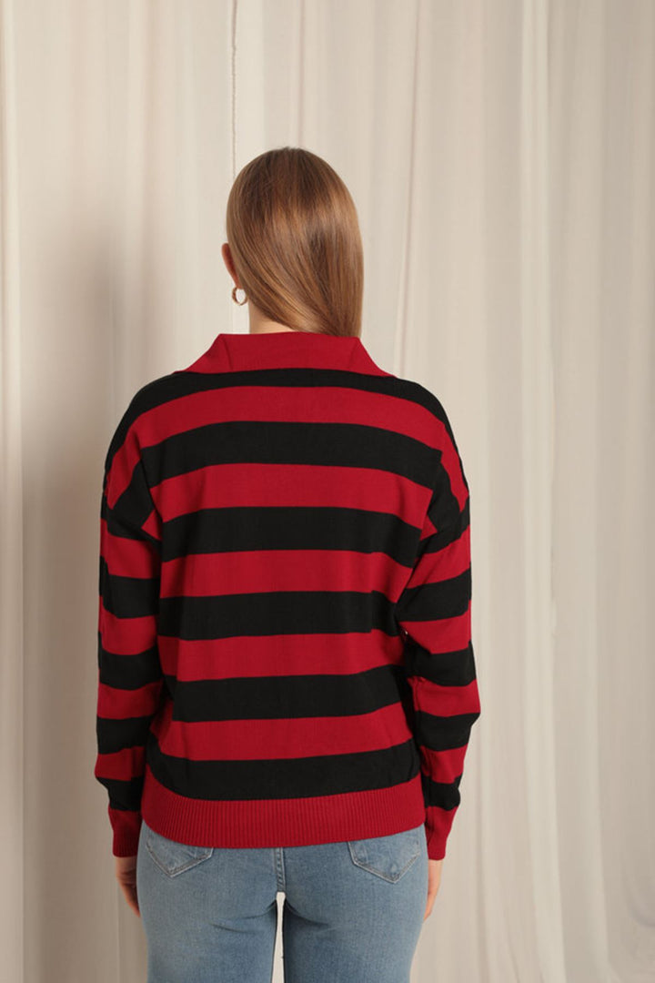 KKT Knitwear Fabric Striped Shirt Collar Women's Red Sweater - Vila Nova de Gaia