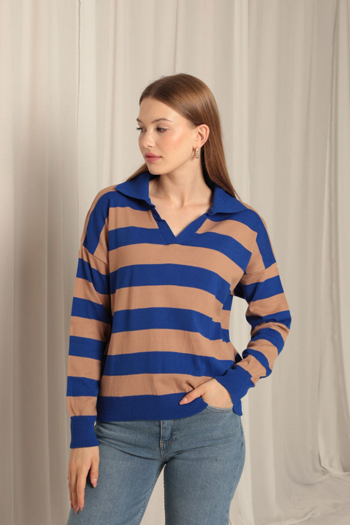 KKT Knitwear Fabric Striped Shirt Collar Women's Saxe Sweater - Brooklyn