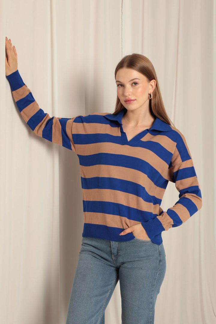 KKT Knitwear Fabric Striped Shirt Collar Women's Saxe Sweater - Brooklyn