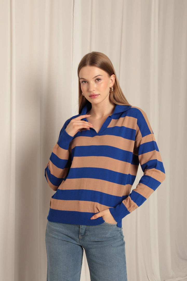 KKT Knitwear Fabric Striped Shirt Collar Women's Saxe Sweater - Brooklyn