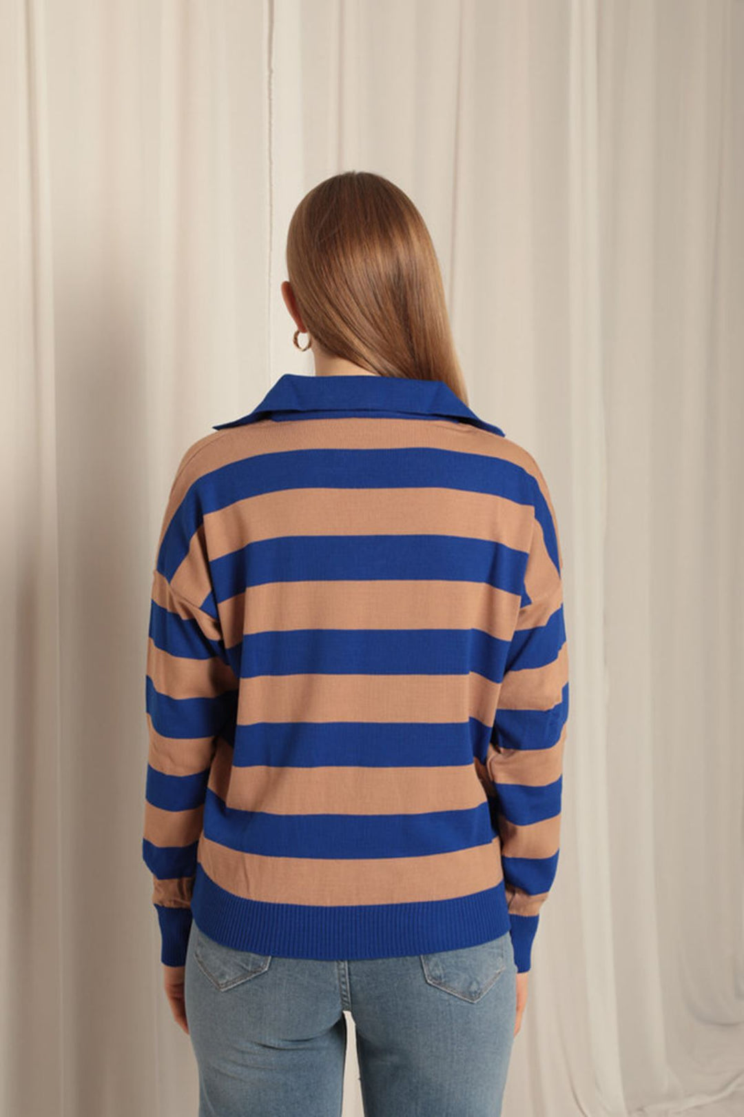 KKT Knitwear Fabric Striped Shirt Collar Women's Saxe Sweater - Brooklyn