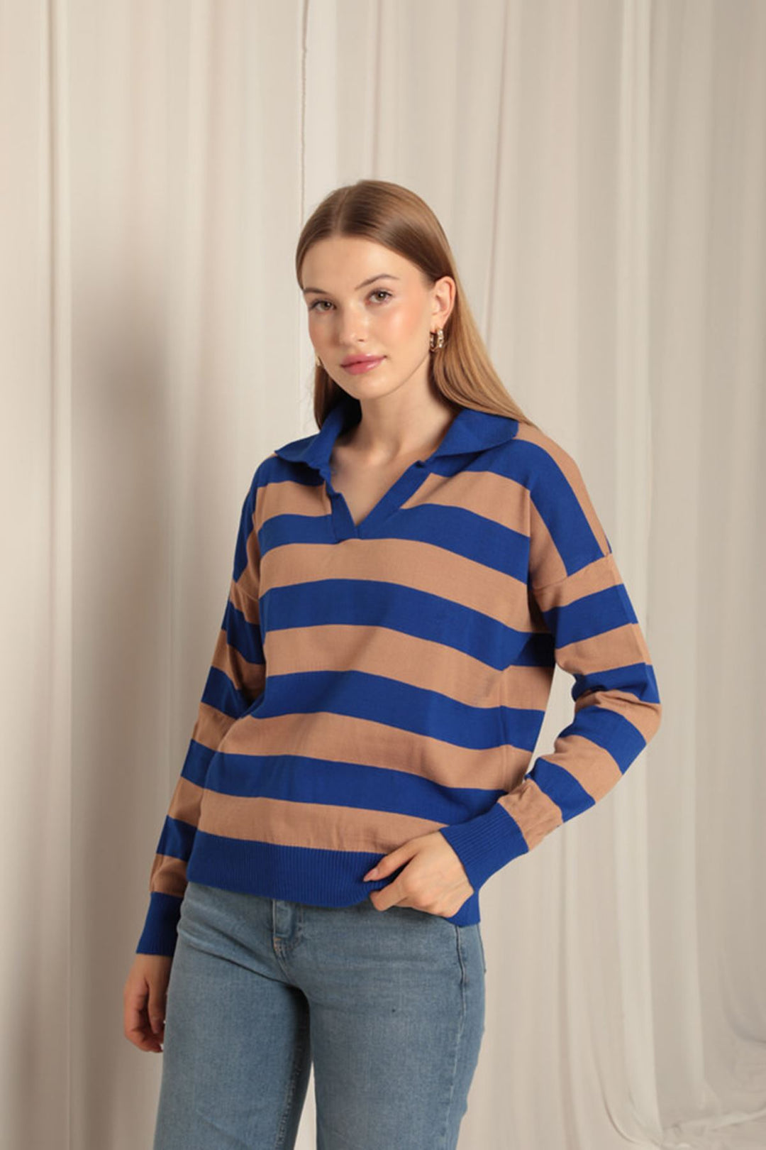 KKT Knitwear Fabric Striped Shirt Collar Women's Saxe Sweater - Brooklyn