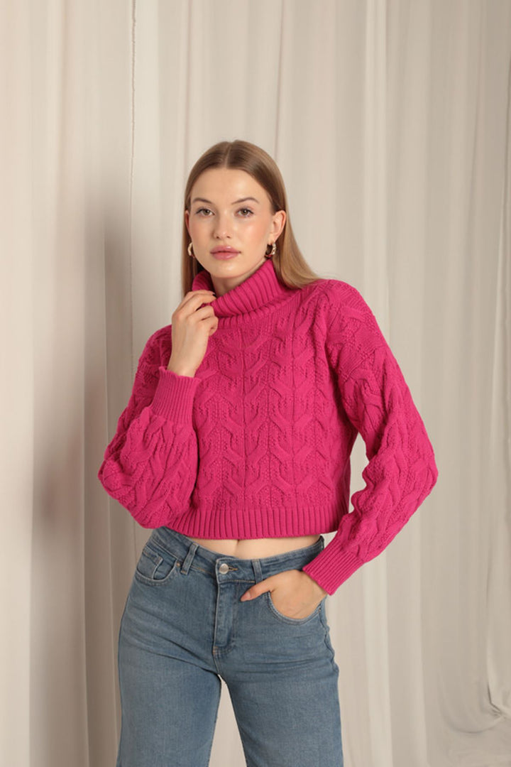 KKT Knitwear Fabric Knit Detailed Women's Fuchsia Sweater - Lugano