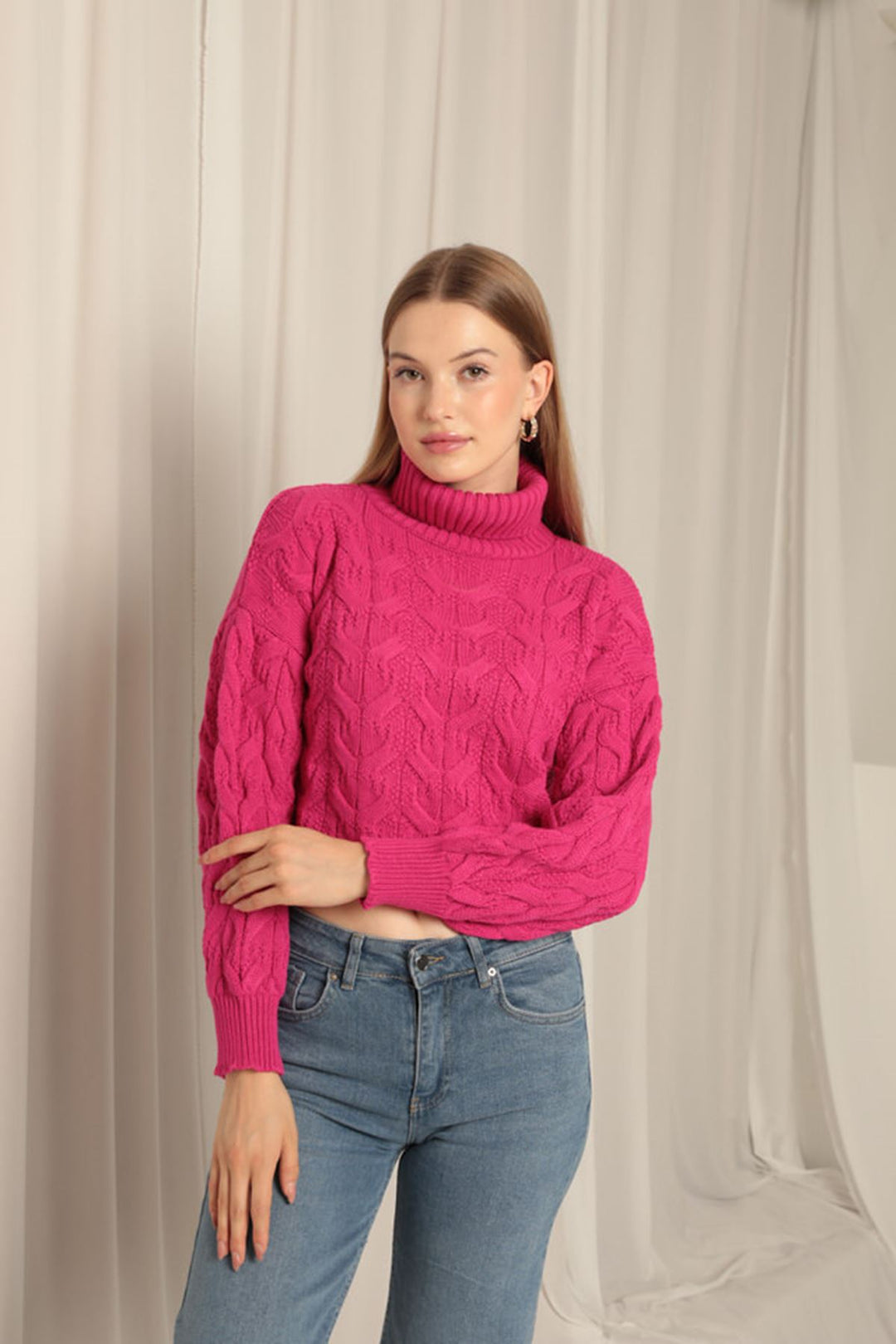 KKT Knitwear Fabric Knit Detailed Women's Fuchsia Sweater - Lugano