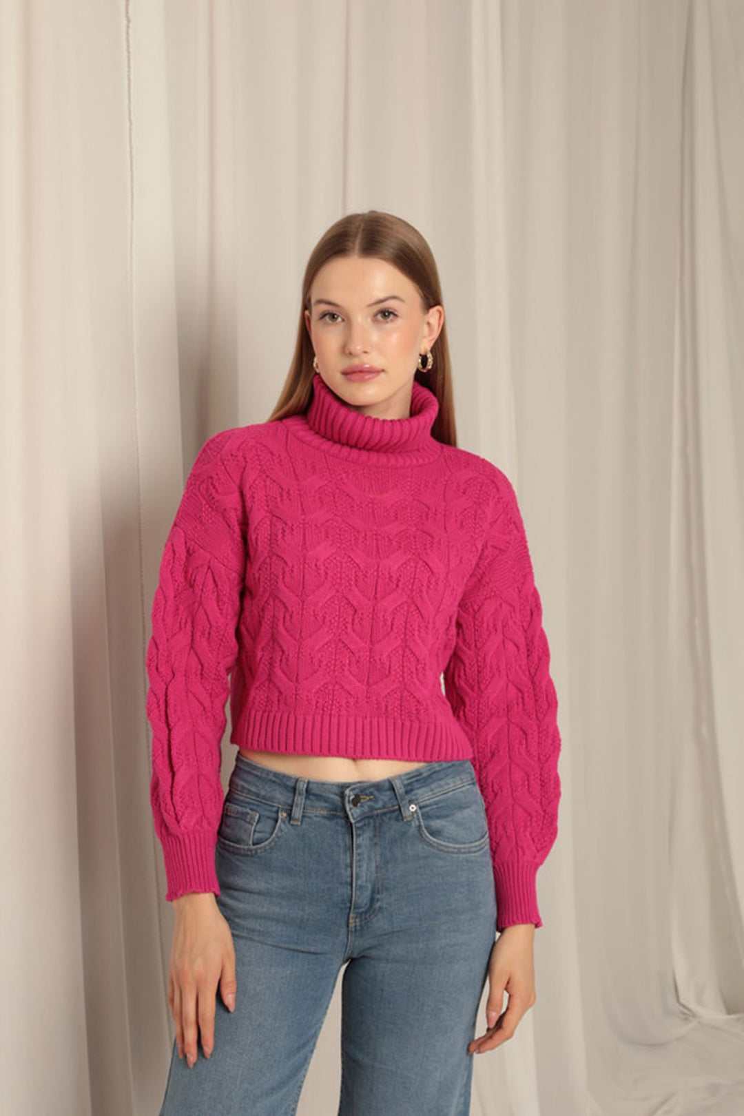 KKT Knitwear Fabric Knit Detailed Women's Fuchsia Sweater - Lugano