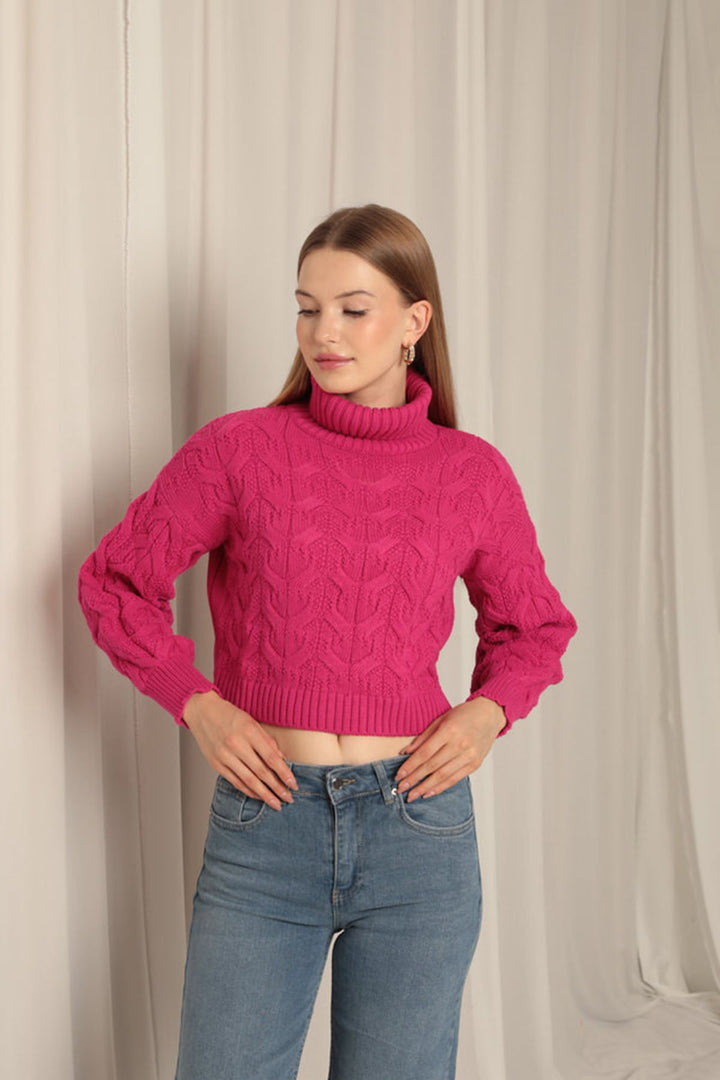 KKT Knitwear Fabric Knit Detailed Women's Fuchsia Sweater - Lugano