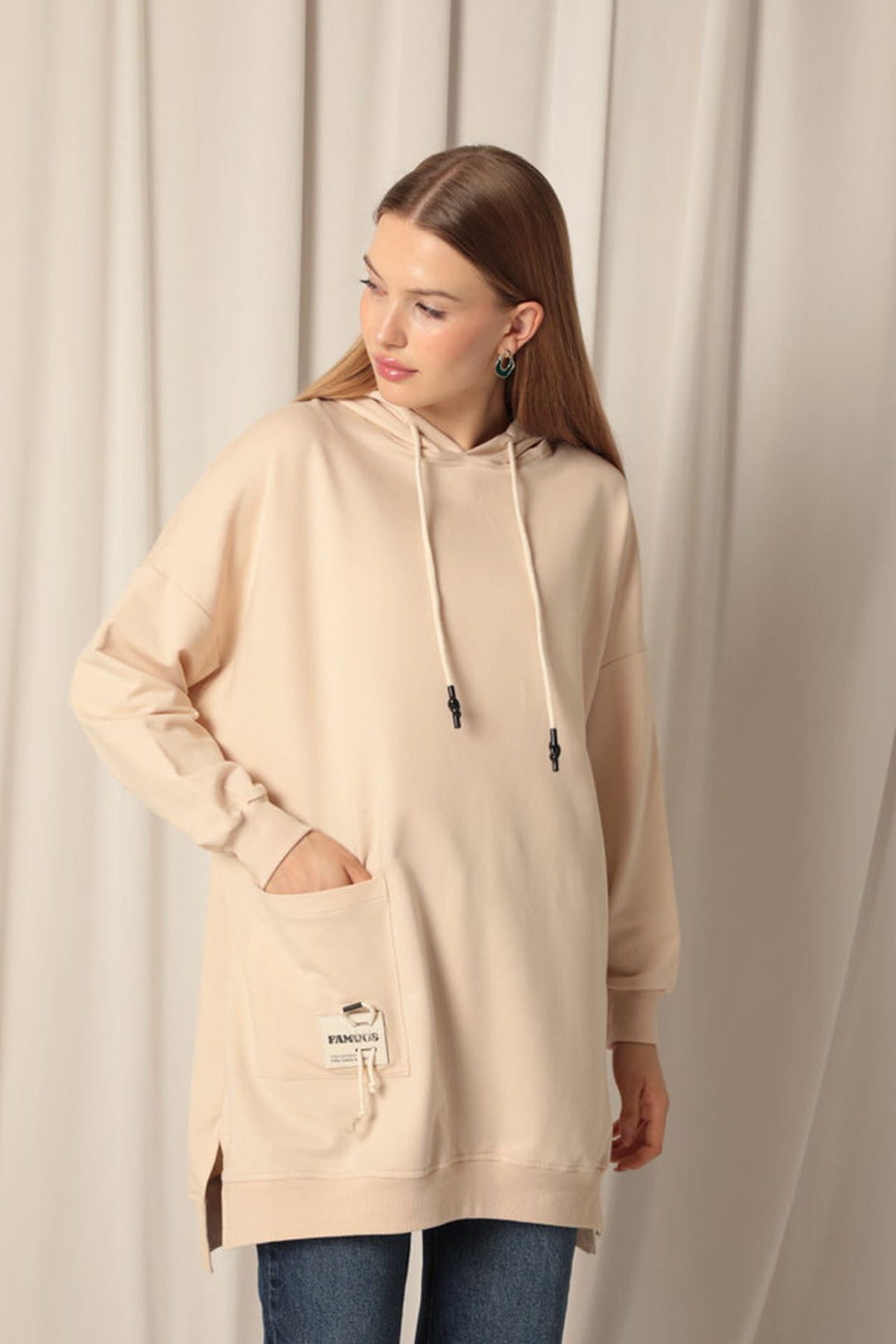 KKT Double Yarn Fabric Embroidered Hooded Women's Beige Tunic Sweat - Mobile