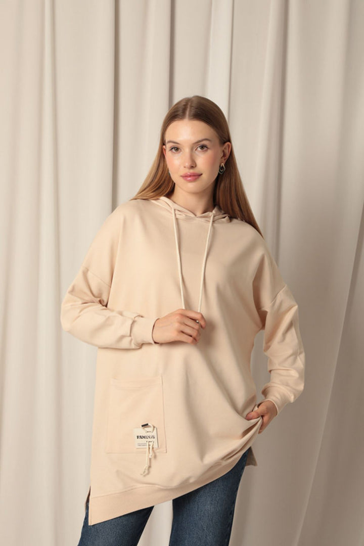 KKT Double Yarn Fabric Embroidered Hooded Women's Beige Tunic Sweat - Mobile