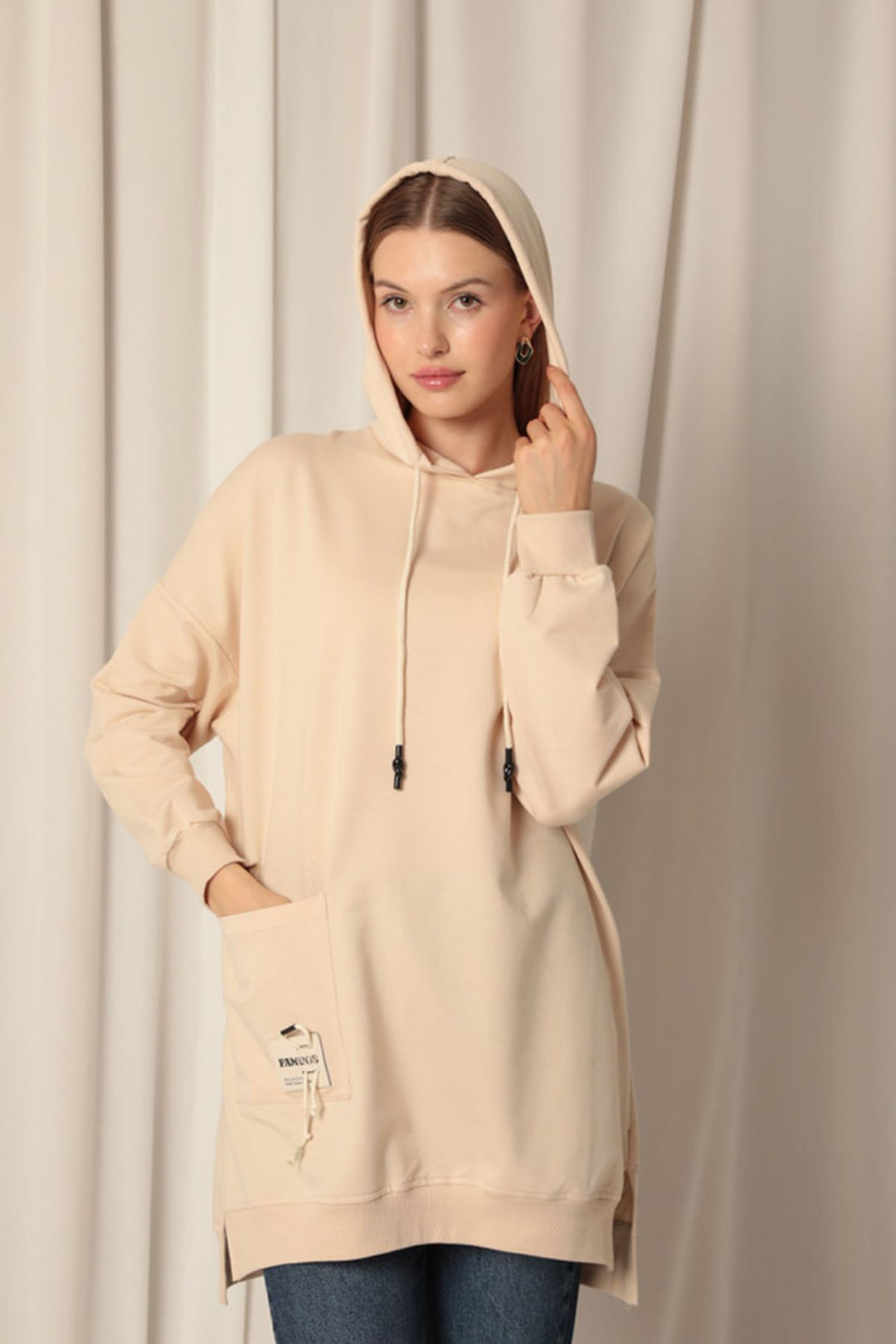 KKT Double Yarn Fabric Embroidered Hooded Women's Beige Tunic Sweat - Mobile