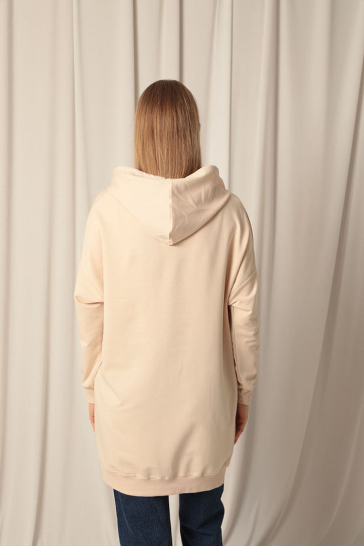 KKT Double Yarn Fabric Embroidered Hooded Women's Beige Tunic Sweat - Mobile