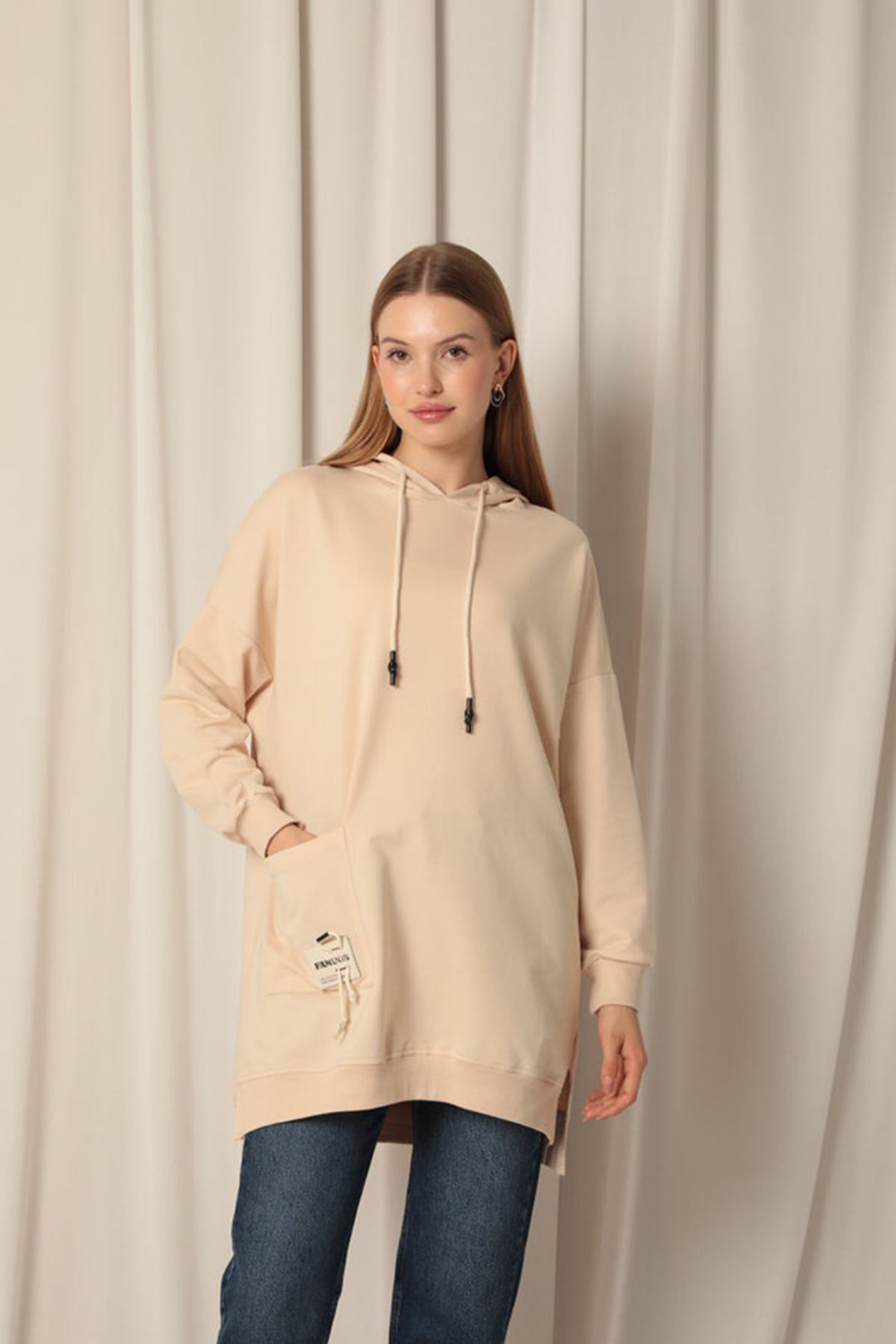 KKT Double Yarn Fabric Embroidered Hooded Women's Beige Tunic Sweat - Mobile