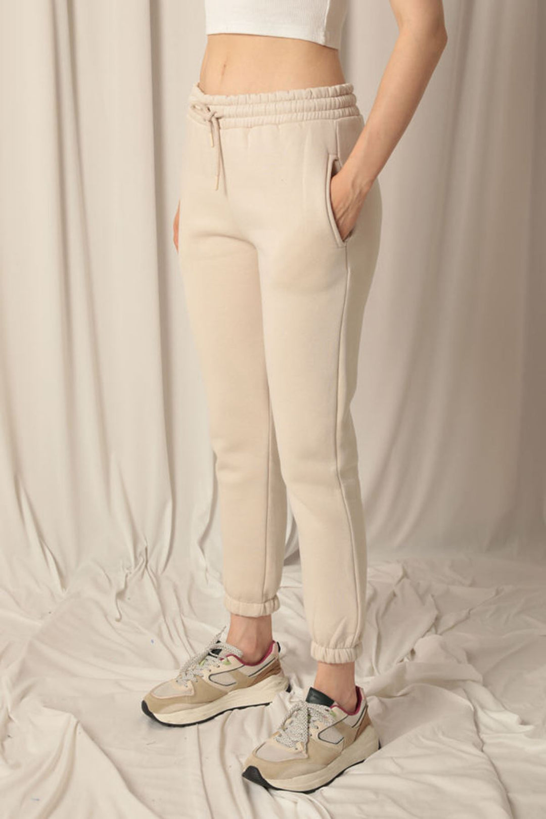 KKT Three Thread Fabric Elastic Waist Women's Beige Tracksuit - Mesa