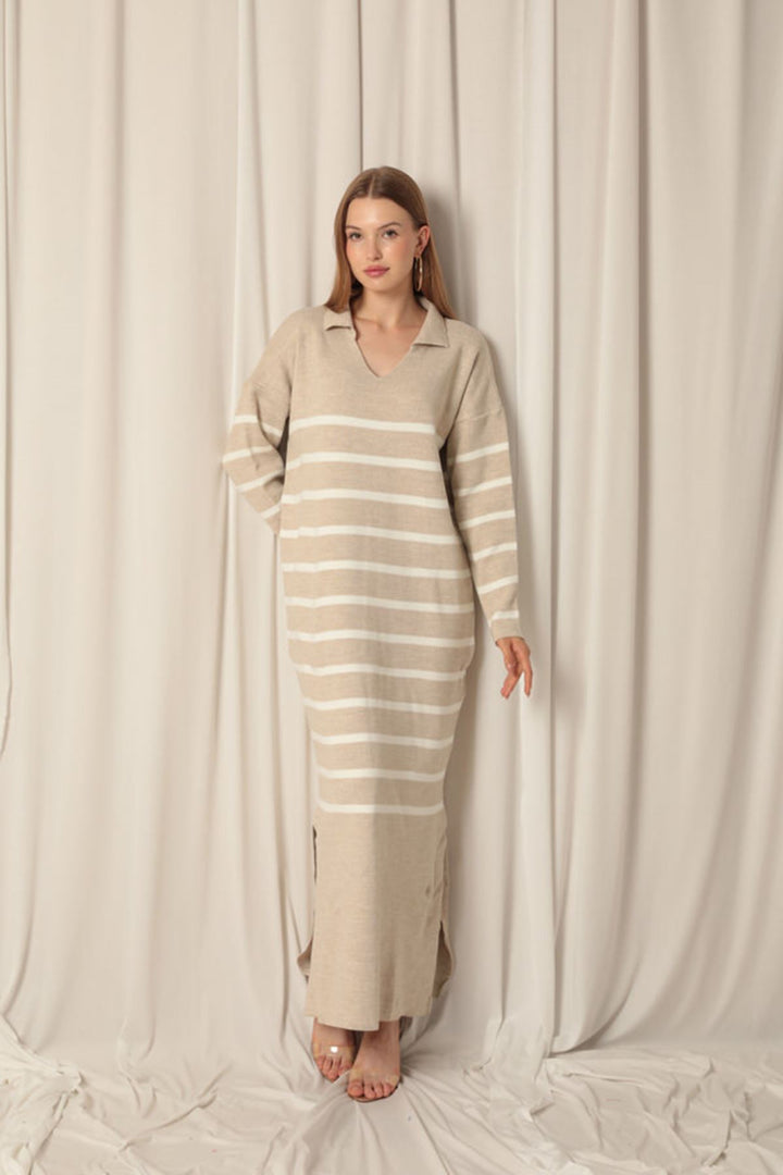 KKT Knitwear Fabric Striped Shirt Collar Stone Dress - Vila Nova de Gaia