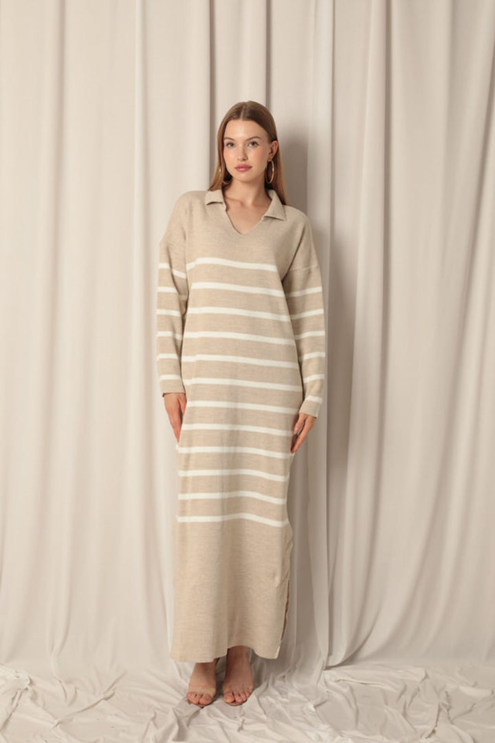 KKT Knitwear Fabric Striped Shirt Collar Stone Dress - Vila Nova de Gaia