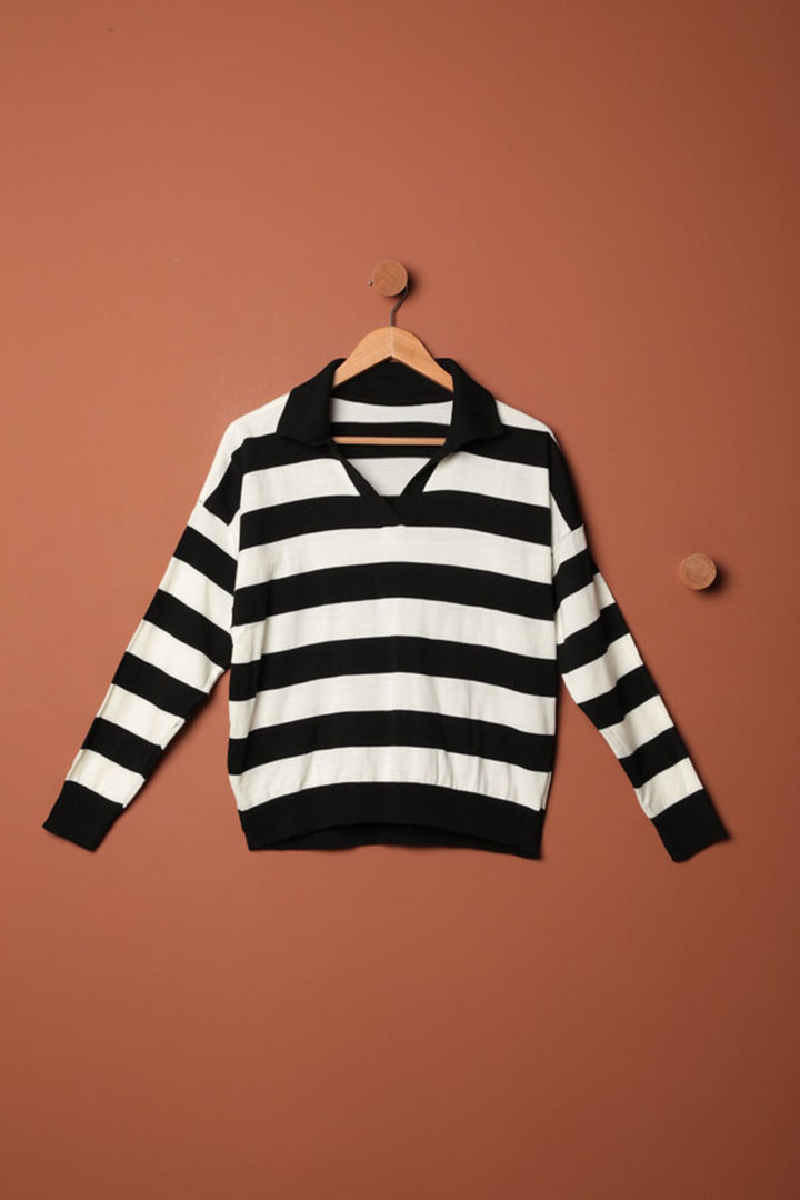 KKT Knitwear Fabric Striped Shirt Collar Women's Black Sweater - Lochau