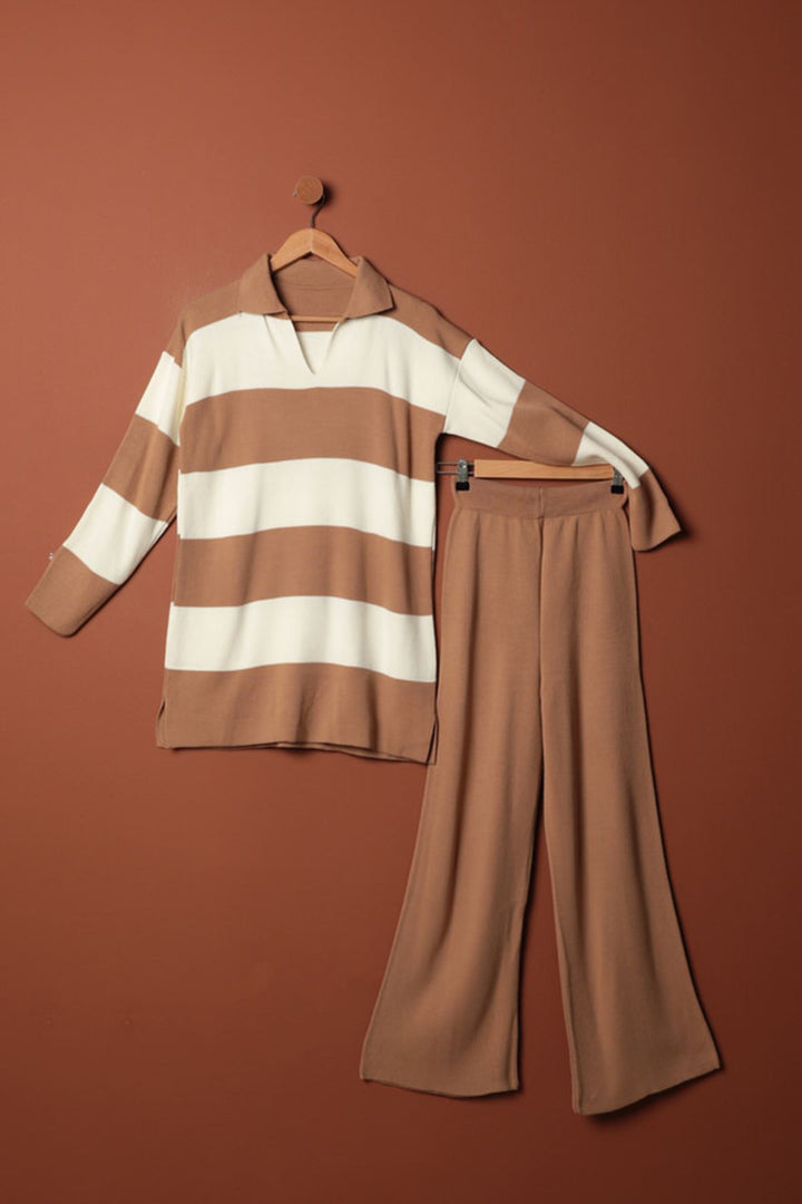 KKT Knitwear Fabric Striped Women's Tan Suit - Arlington