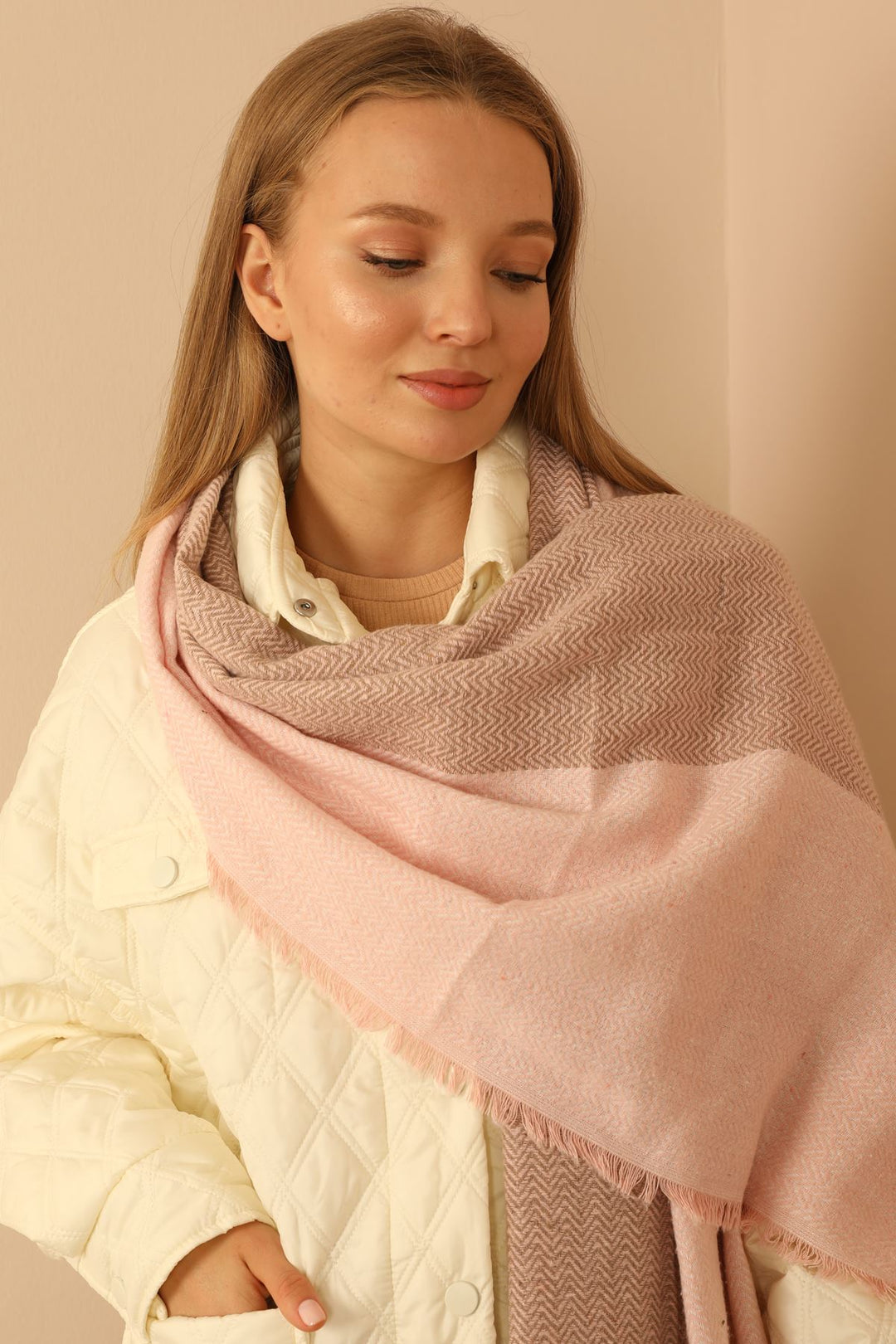 KKT Soft Textured Herringbone Patterned Women's Pink Shoulder Shawl Scarf - Lakewood