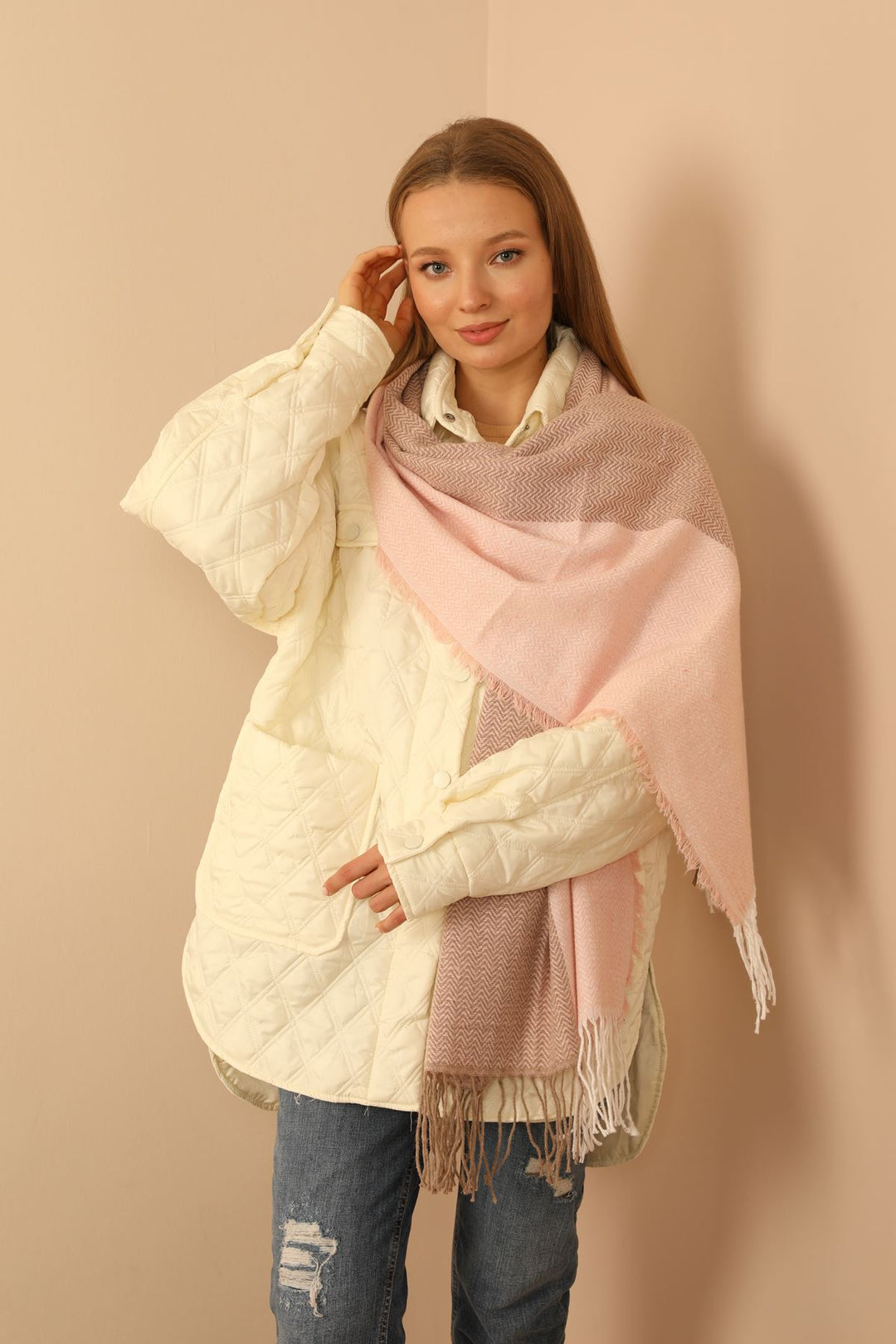 KKT Soft Textured Herringbone Patterned Women's Pink Shoulder Shawl Scarf - Lakewood