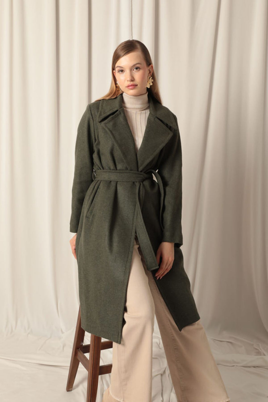 KKT Khaki Women's Coat with Cashmere Fabric Lining - Merano