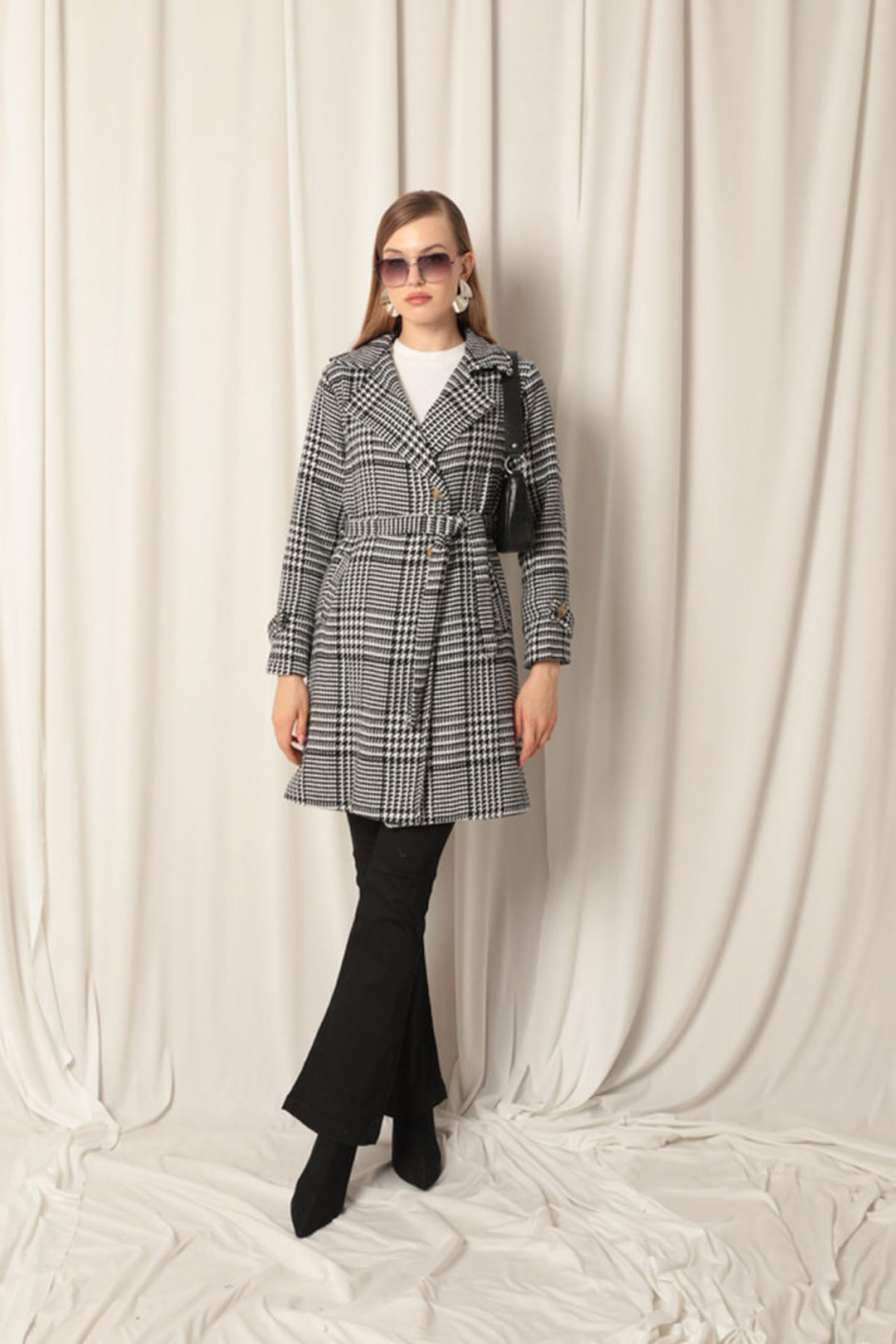 KKT Cashmere Fabric Houndstooth Pattern Women's Black Coat - Maia