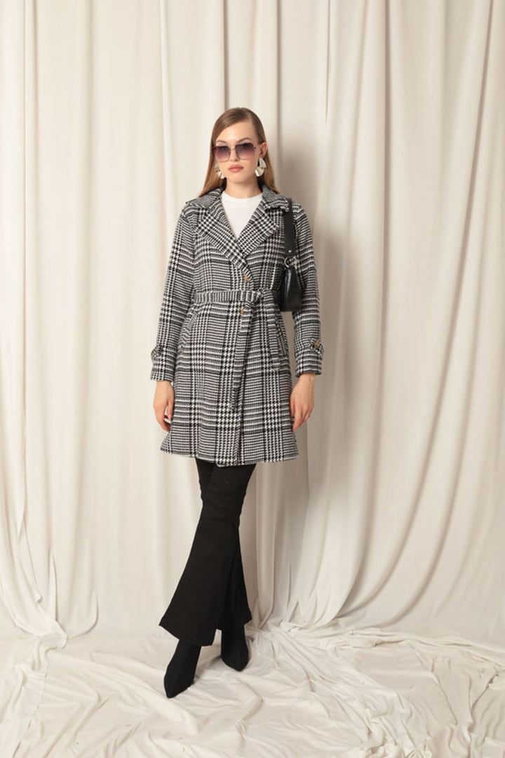 KKT Cashmere Fabric Houndstooth Pattern Women's Black Coat - Goodyear