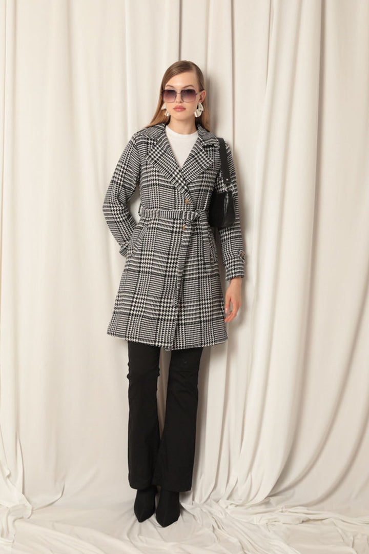 KKT Cashmere Fabric Houndstooth Pattern Women's Black Coat - Maia