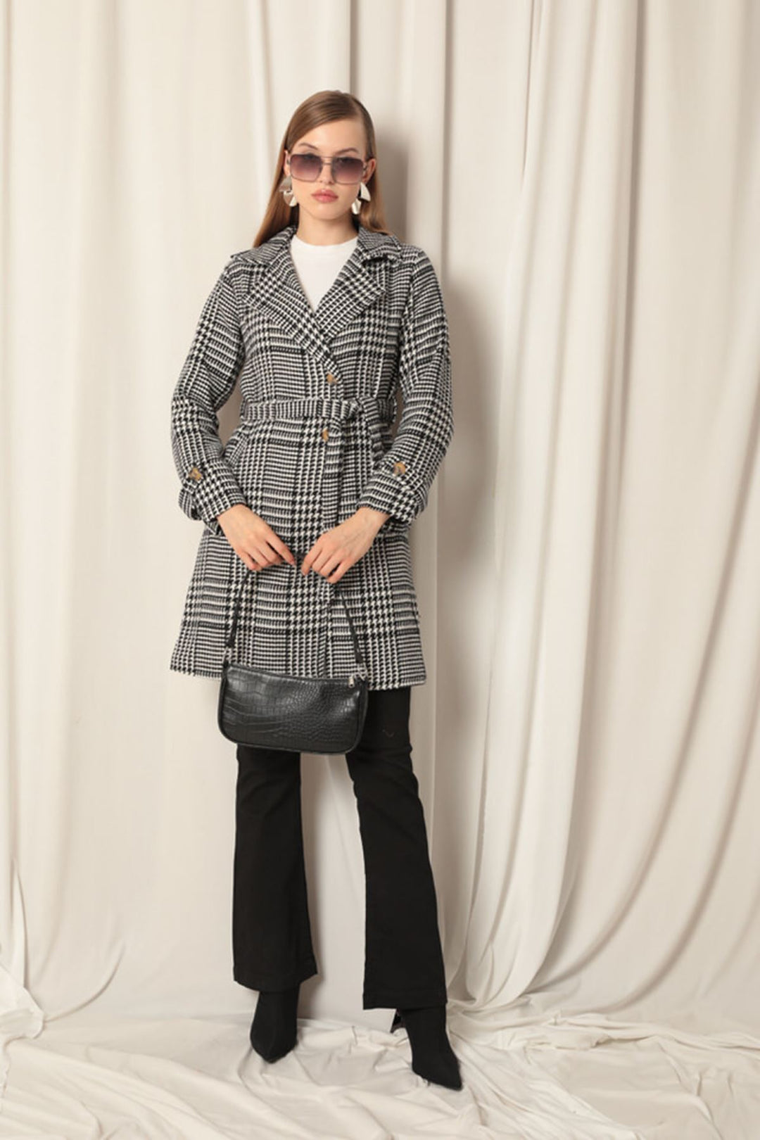 KKT Cashmere Fabric Houndstooth Pattern Women's Black Coat - Maia