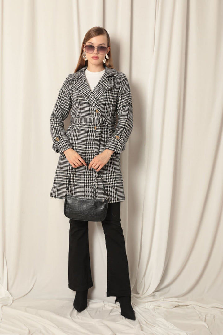 KKT Cashmere Fabric Houndstooth Pattern Women's Black Coat - Goodyear