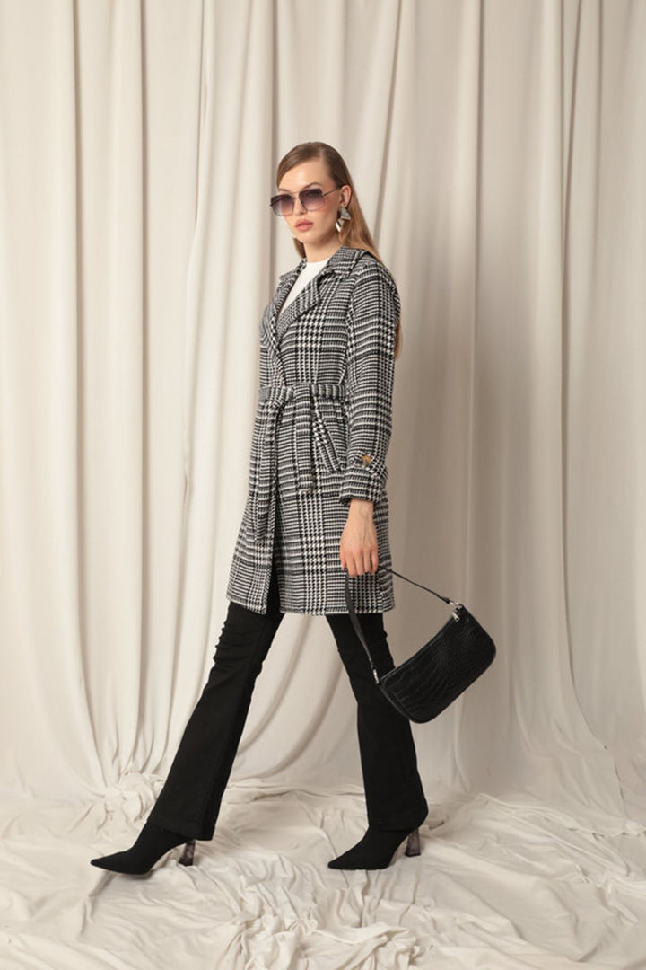 KKT Cashmere Fabric Houndstooth Pattern Women's Black Coat - Goodyear