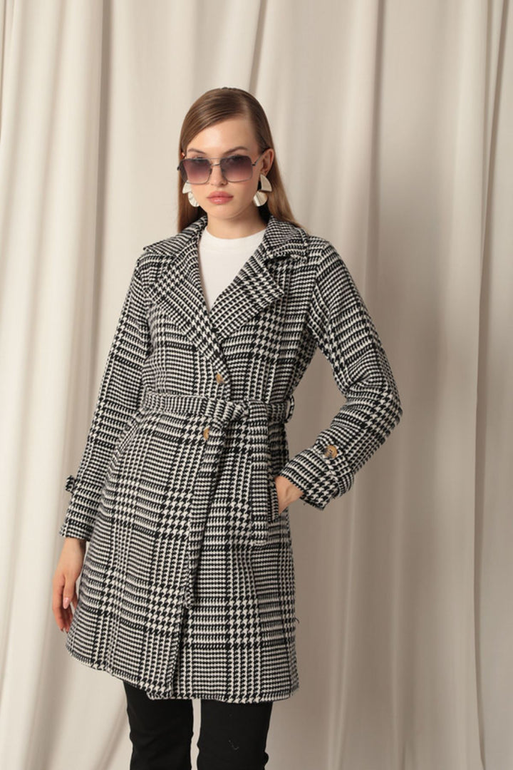 KKT Cashmere Fabric Houndstooth Pattern Women's Black Coat - Maia