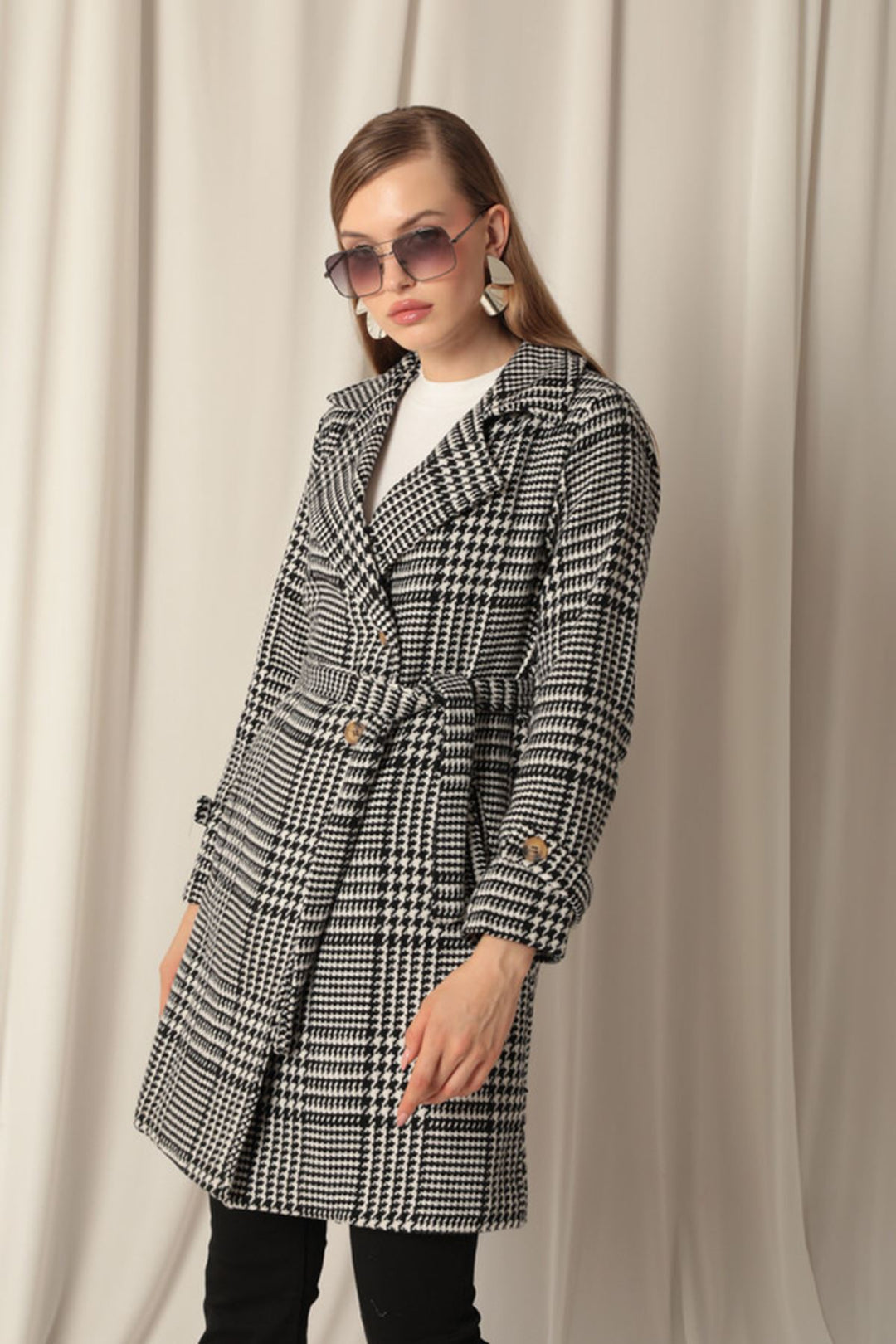 KKT Cashmere Fabric Houndstooth Pattern Women's Black Coat - Maia