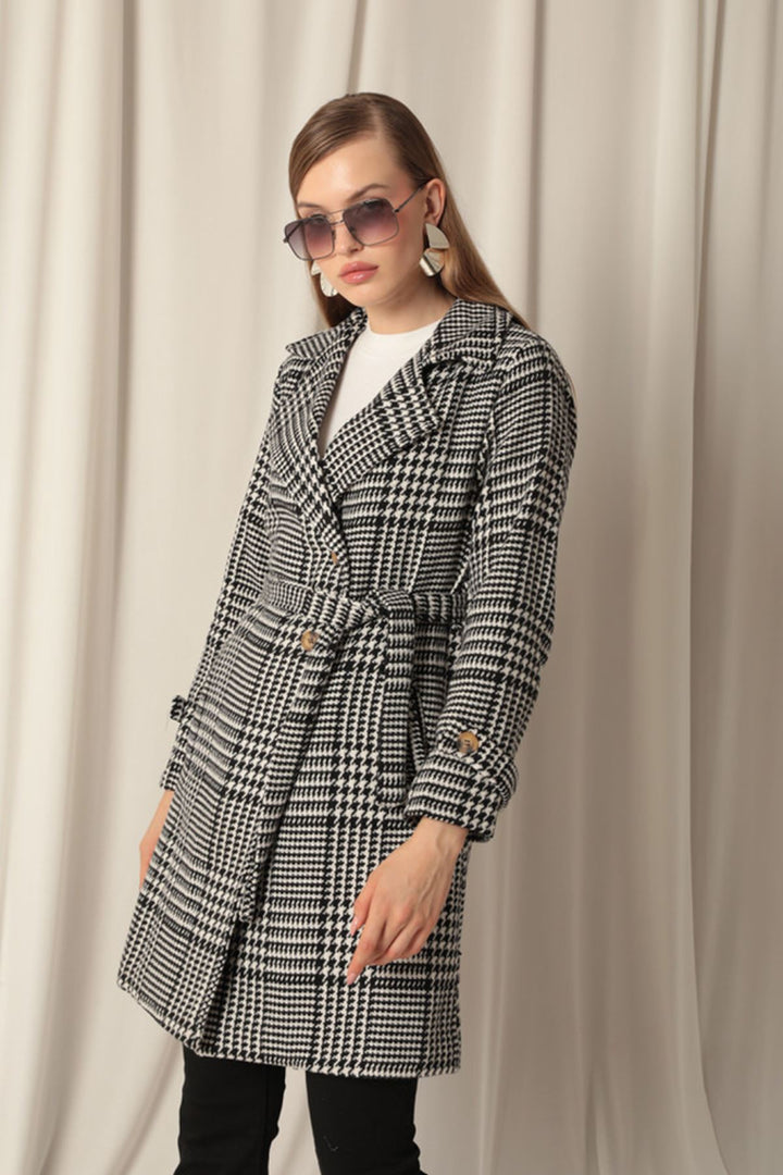 KKT Cashmere Fabric Houndstooth Pattern Women's Black Coat - Goodyear