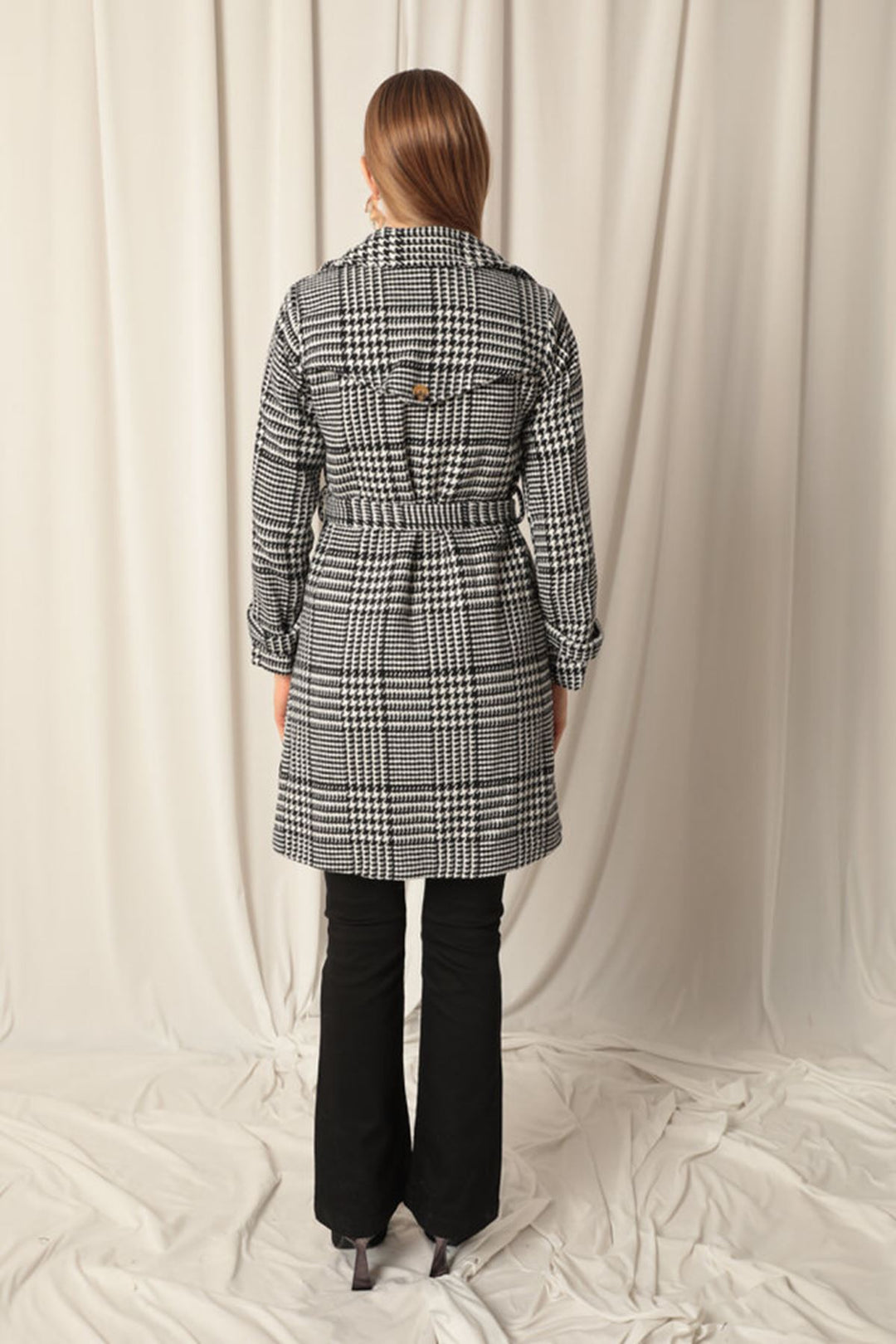 KKT Cashmere Fabric Houndstooth Pattern Women's Black Coat - Goodyear