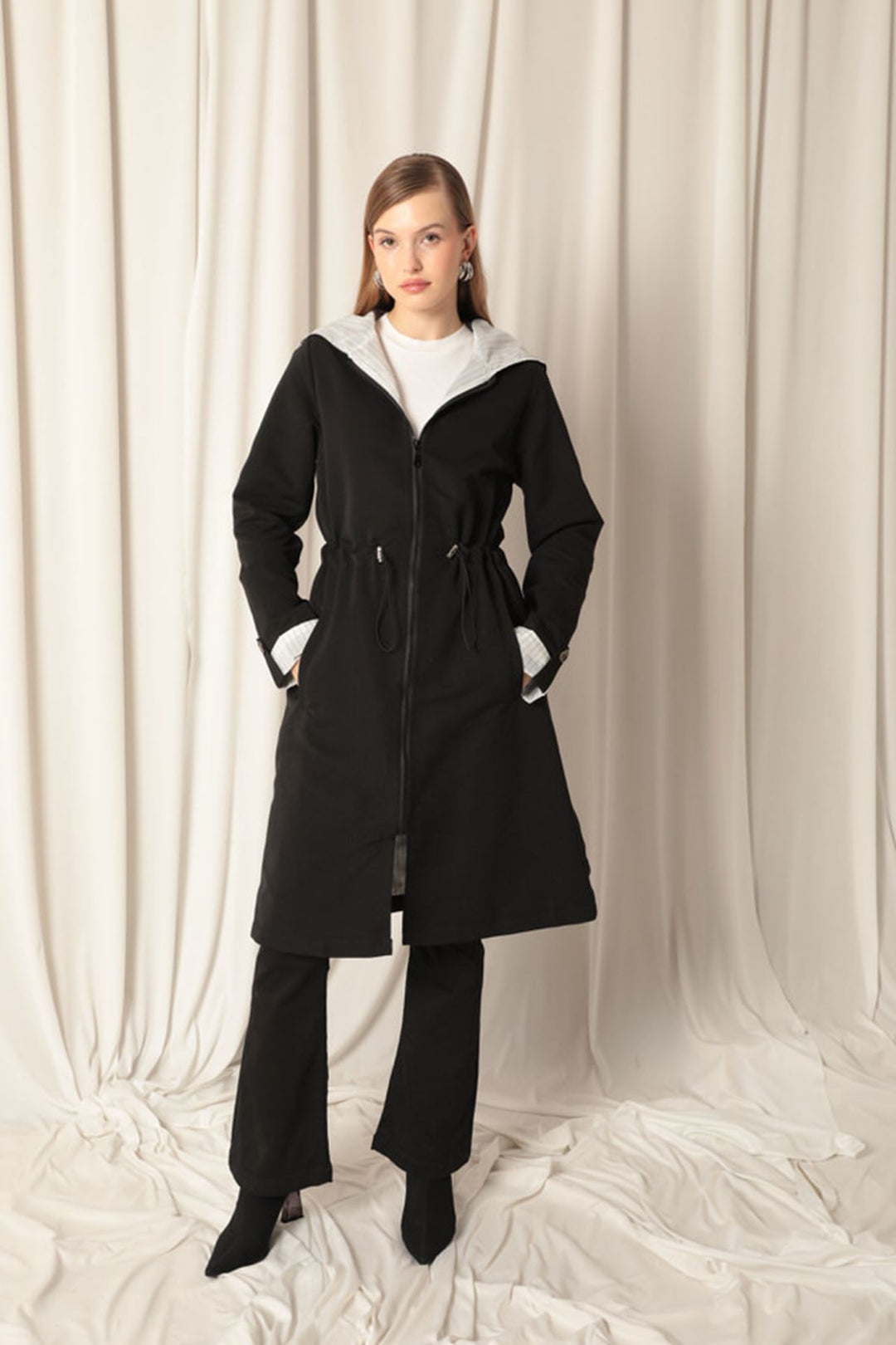 KKT Torino Fabric Striped Hooded Women's Black Raincoat - Fresno